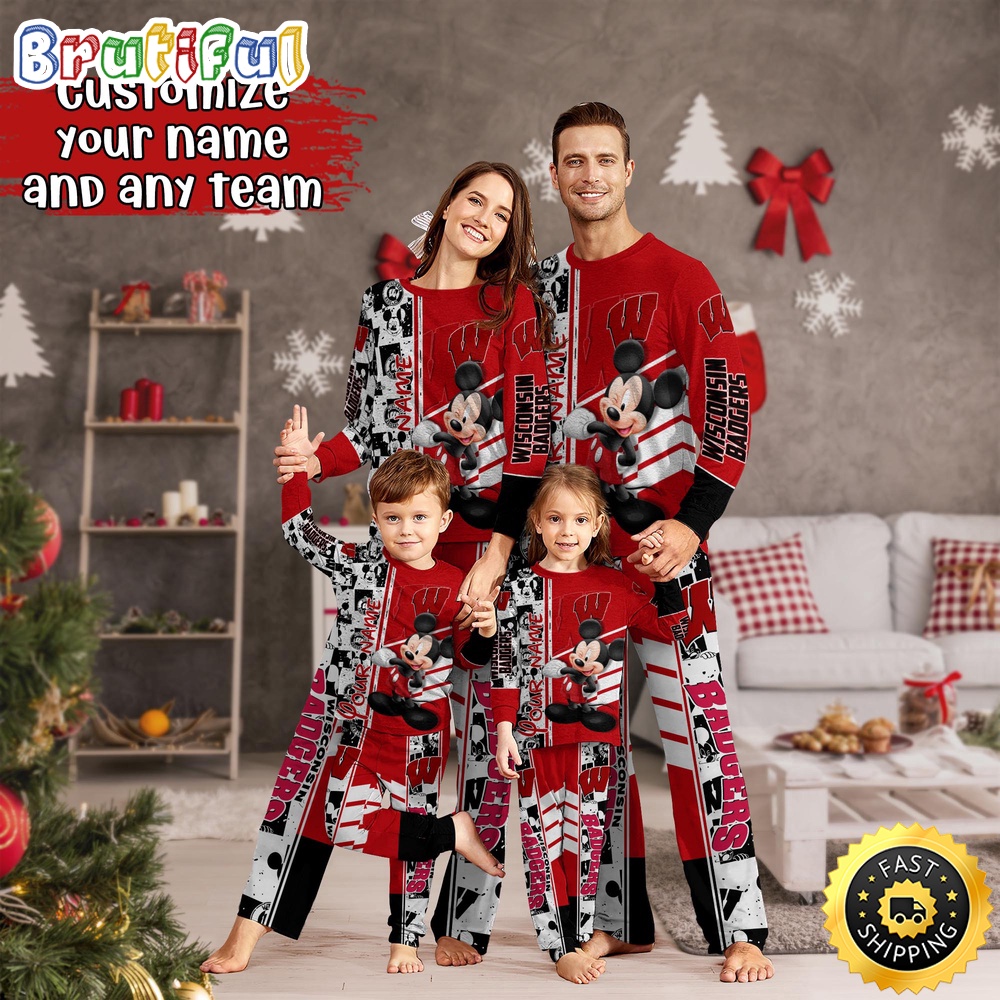 Sportswearmerch Wisconsin Badgers NCAA Mickey Mouse Personalized Pajamas Family For Fan