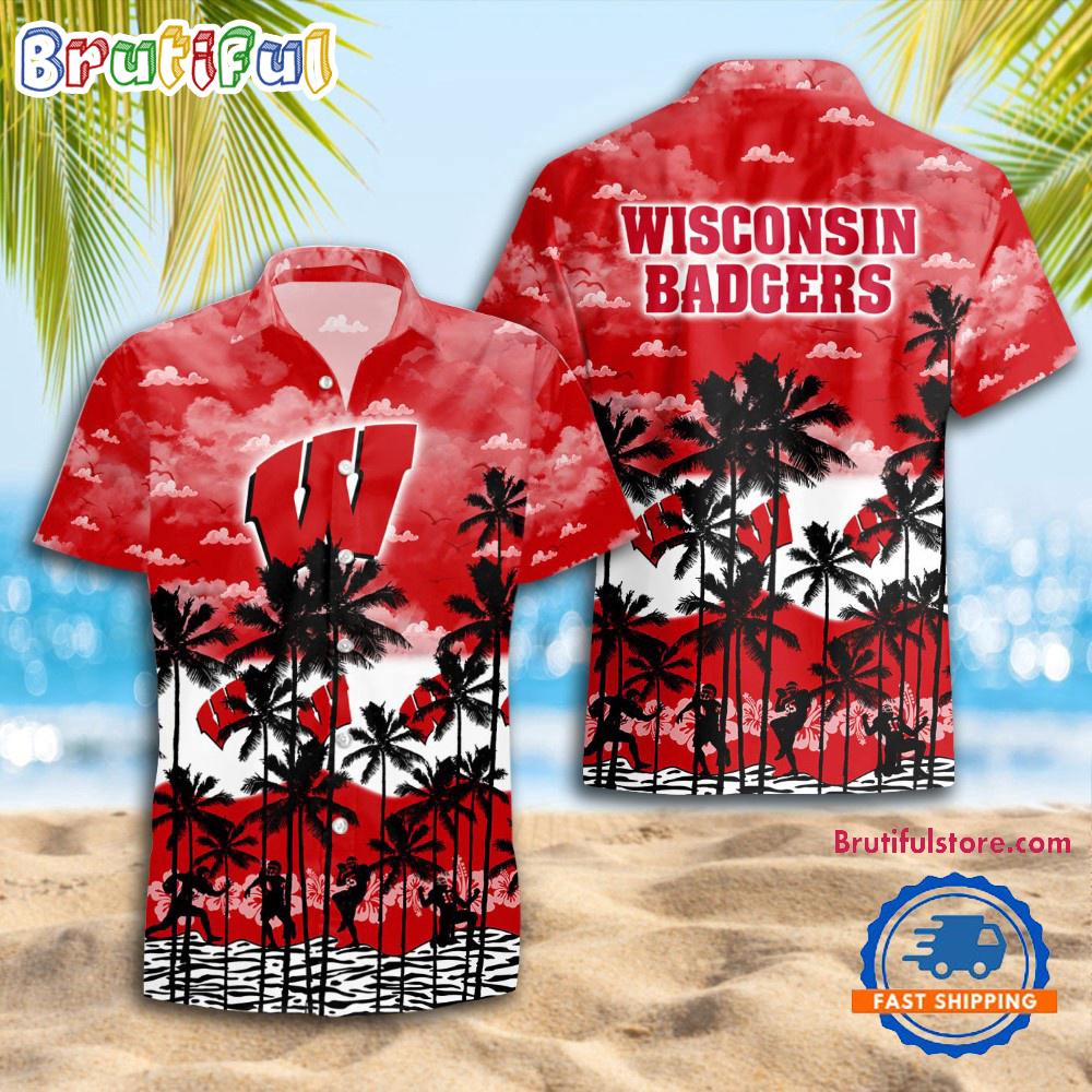 Sportswearmerch Wisconsin Badgers NCAA Palm Tree Personalized Hawaiian Shirt For Fan