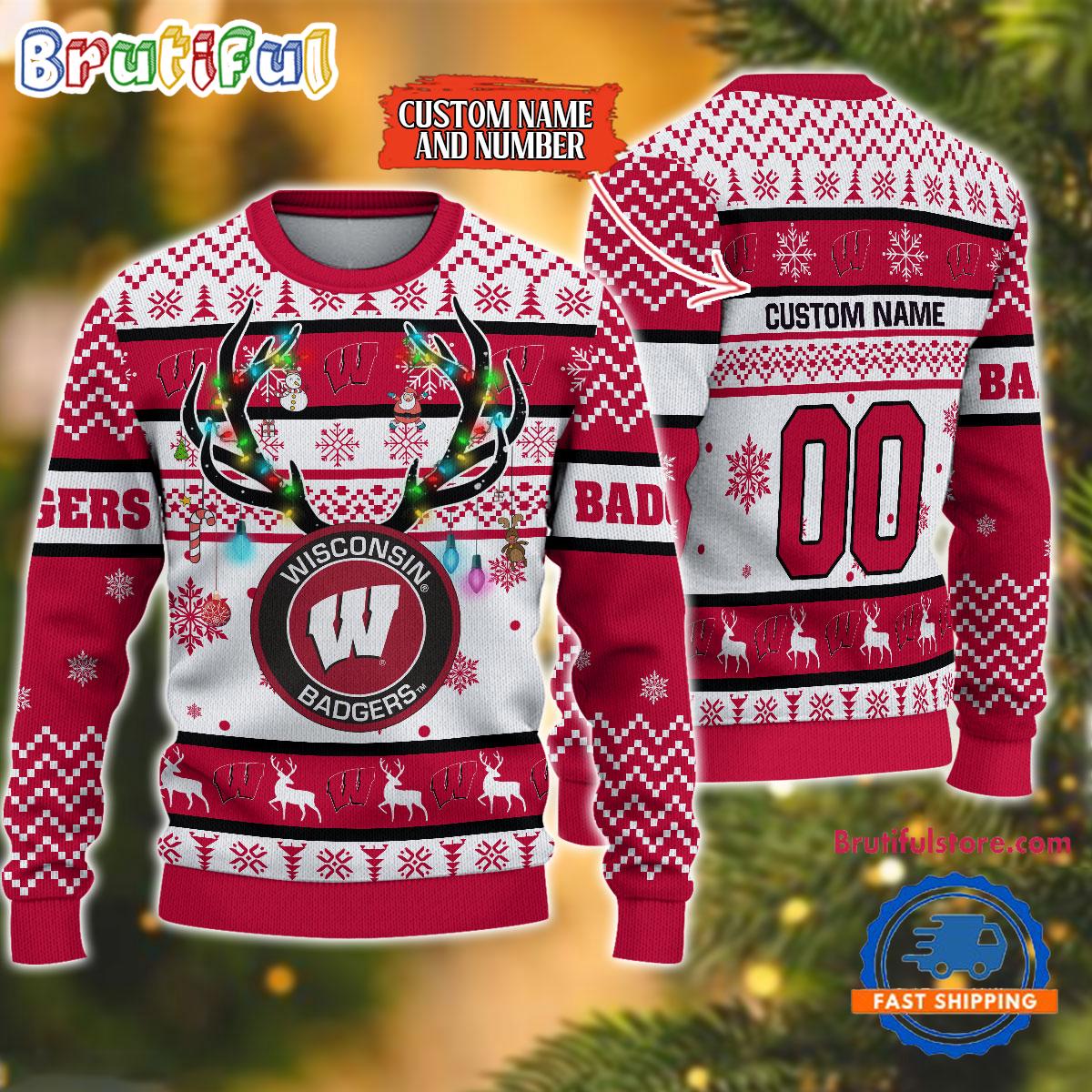 Sportswearmerch Wisconsin Badgers NCAA Special Reindeer Light Personalized Christmas Sweater For Fan