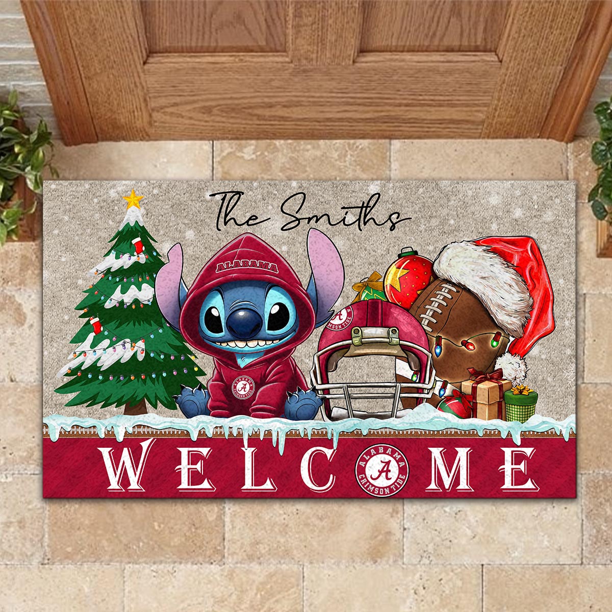 Sportswearmerch Alabama Crimson Tide NCAA x Cute Stitch Christmas Doormat For Fan