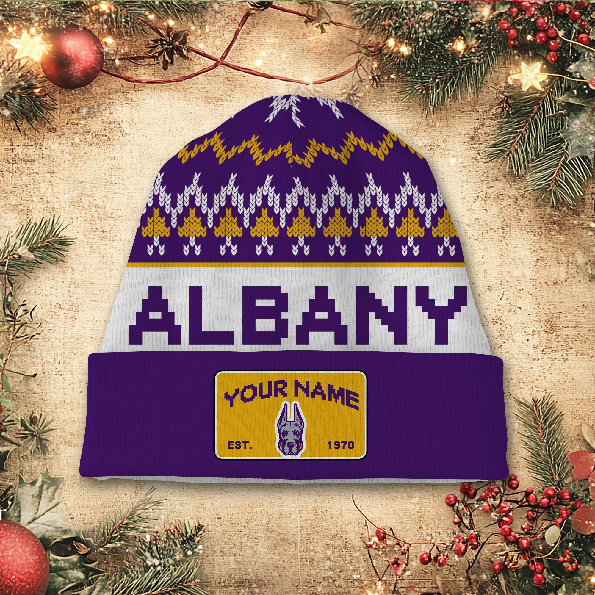 Sportswearmerch Albany Great Danes NCAA Christmas Beanie Hat For Fan