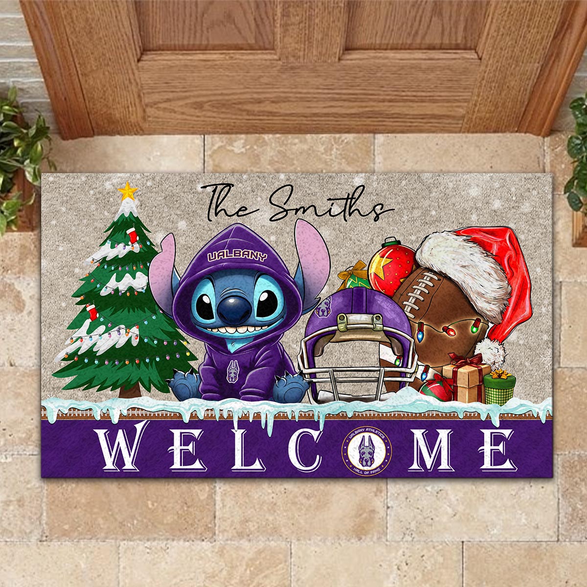 Sportswearmerch Albany Great Danes NCAA x Cute Stitch Christmas Doormat For Fan