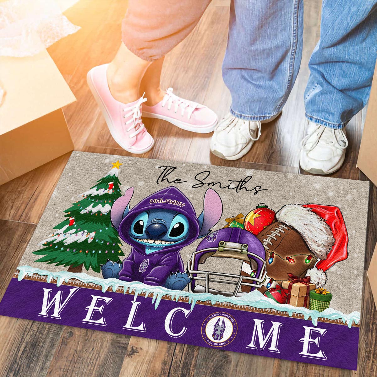 Sportswearmerch Albany Great Danes NCAA x Cute Stitch Christmas Doormat For Fan