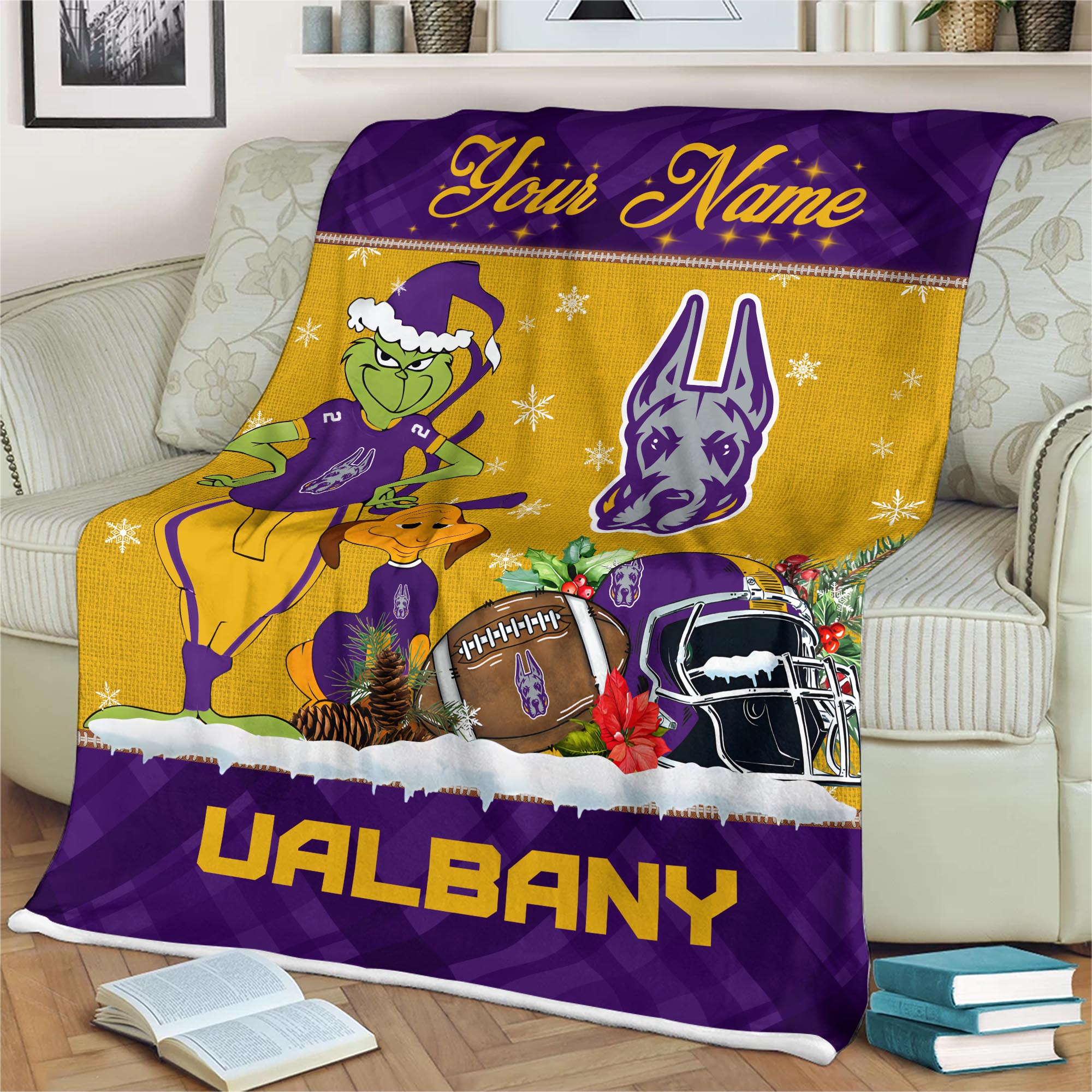 Sportswearmerch Albany Great Danes NCAA x Grinch Christmas Fleece Blanket For Fan