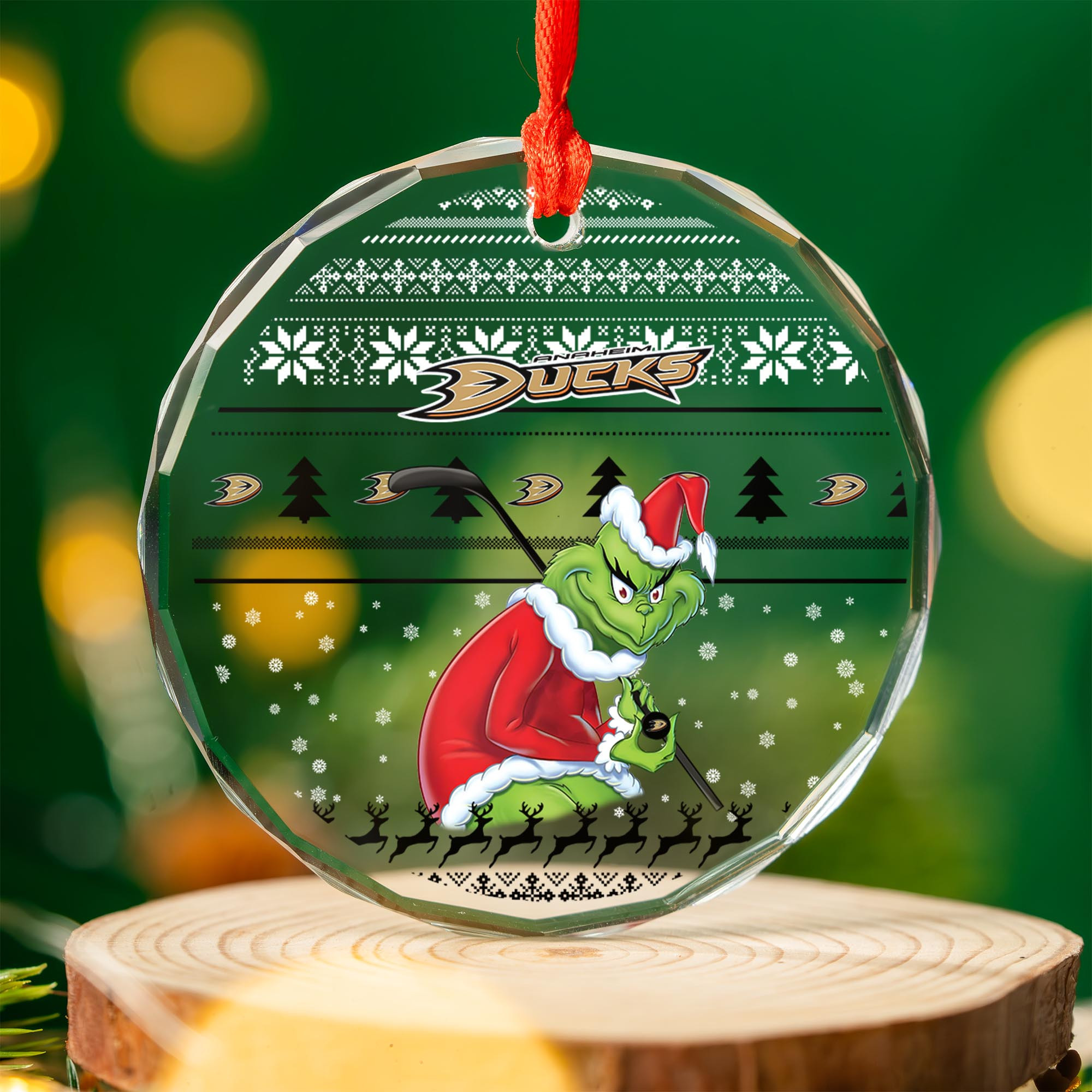 Sportswearmerch Anaheim Ducks NHL x Grinch Christmas Glass Ornament For Fans