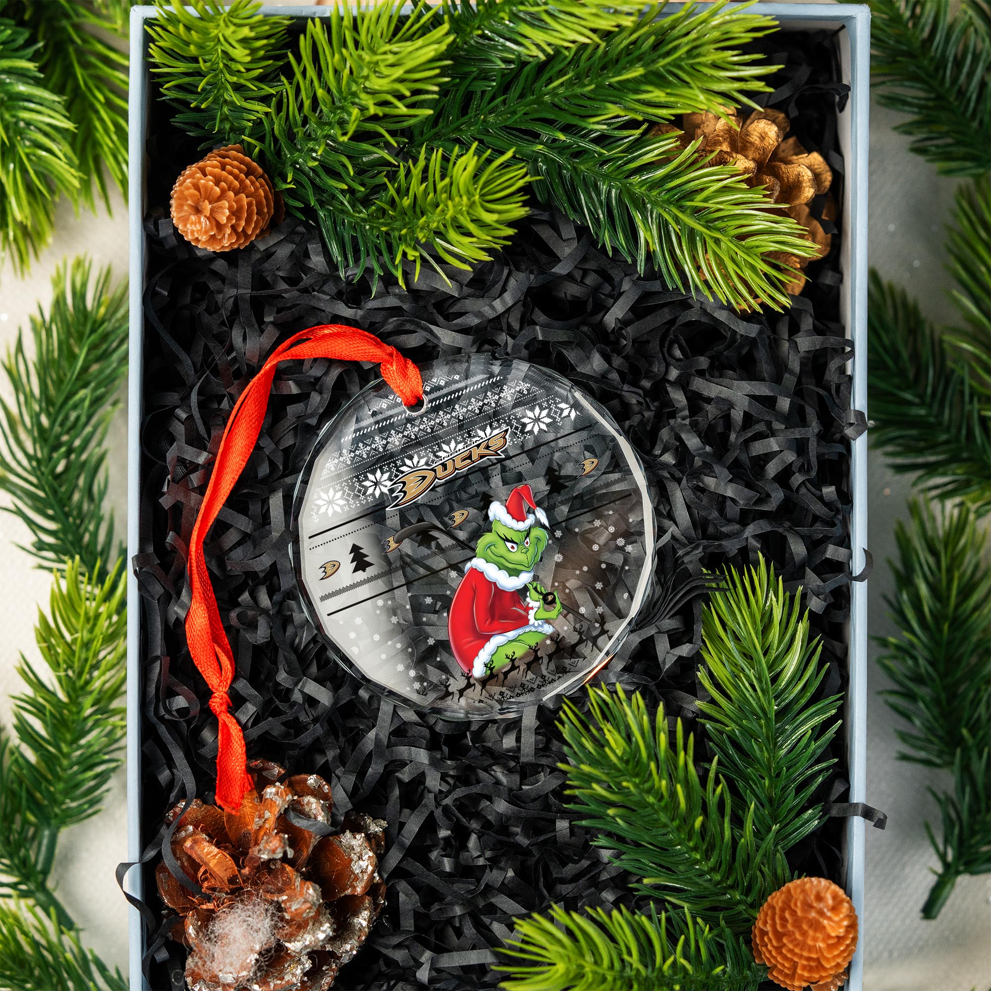 Sportswearmerch Anaheim Ducks NHL x Grinch Christmas Glass Ornament For Fans
