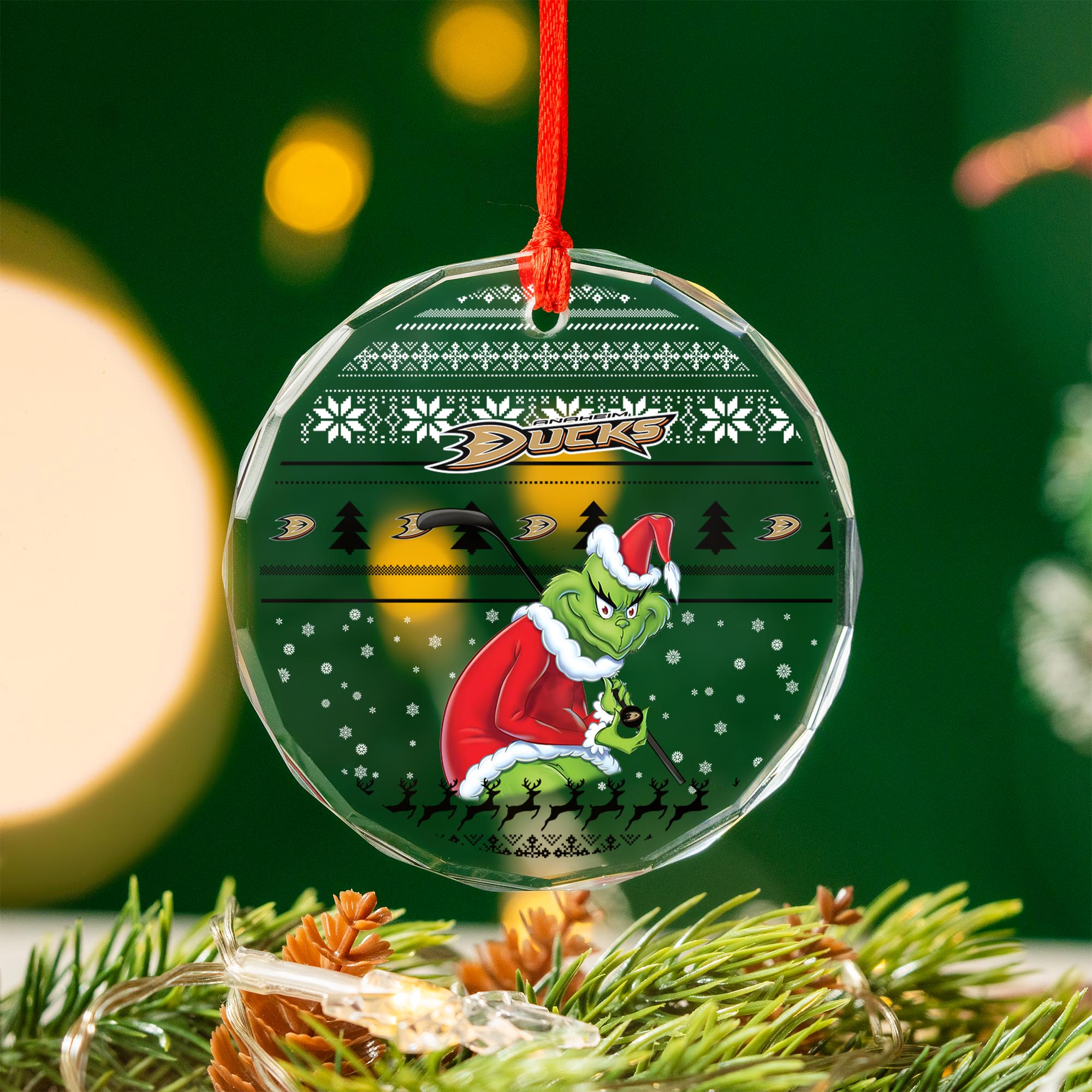 Sportswearmerch Anaheim Ducks NHL x Grinch Christmas Glass Ornament For Fans