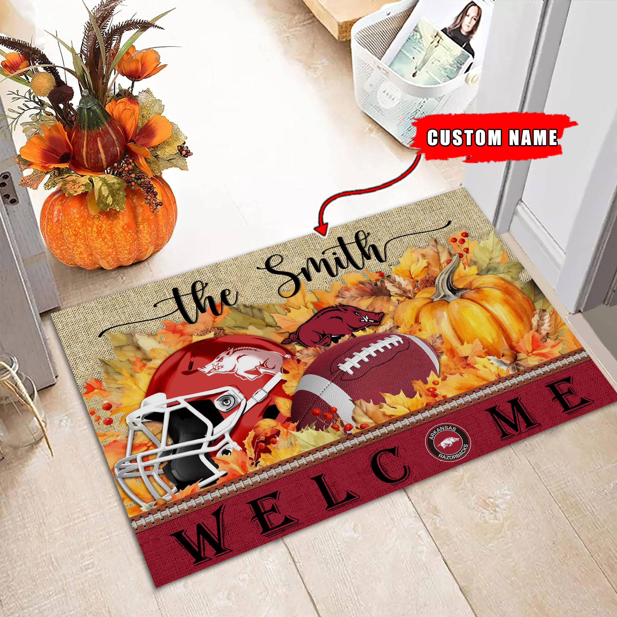 Sportswearmerch Arkansas Razorbacks NCAA Welcome Fall Football Doormat For Fan