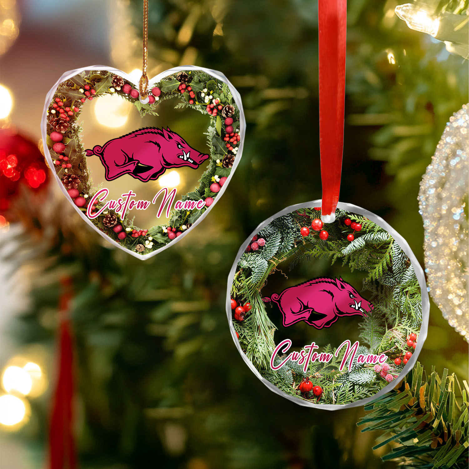 Sportswearmerch Arkansas Razorbacks NCAA x Christmas Glass Ornament Gift For Fans