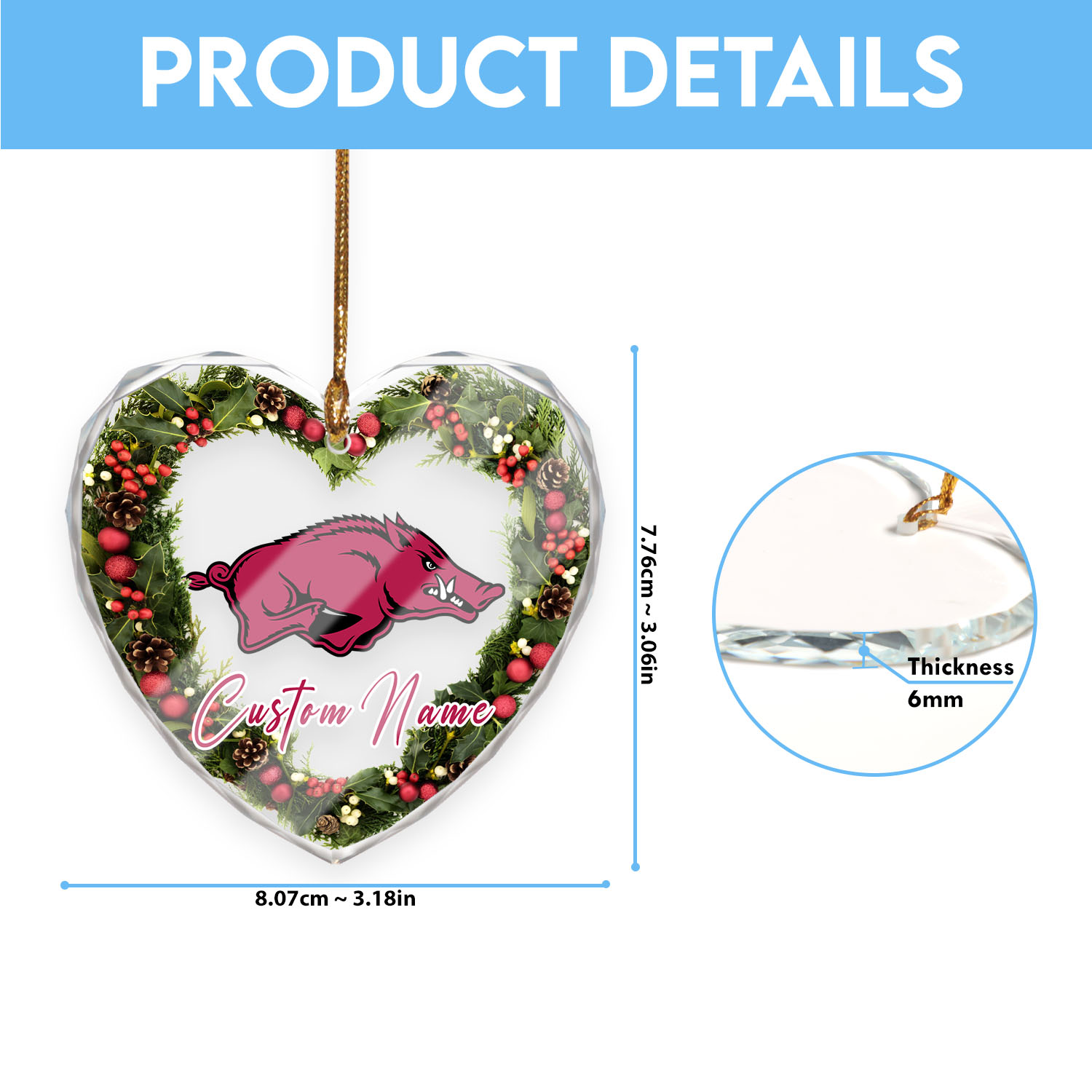 Sportswearmerch Arkansas Razorbacks NCAA x Christmas Glass Ornament Gift For Fans