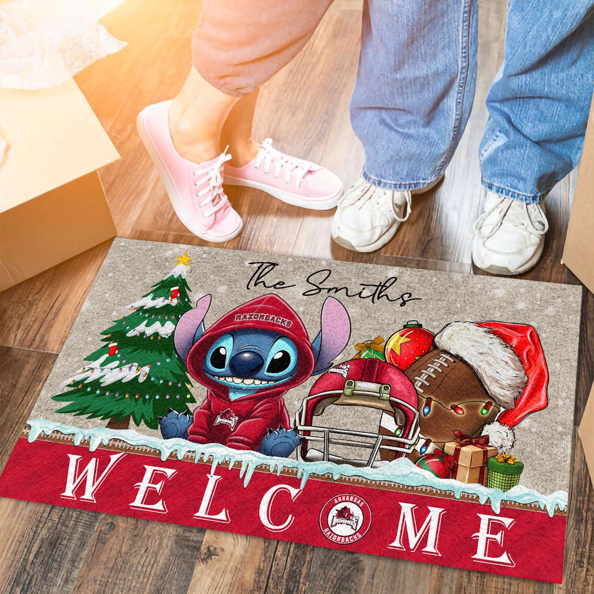 Sportswearmerch Arkansas Razorbacks NCAA x Cute Stitch Christmas Doormat For Fan