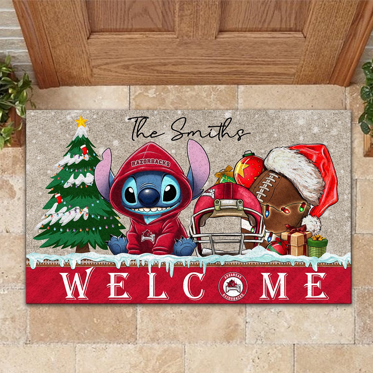 Sportswearmerch Arkansas Razorbacks NCAA x Cute Stitch Christmas Doormat For Fan
