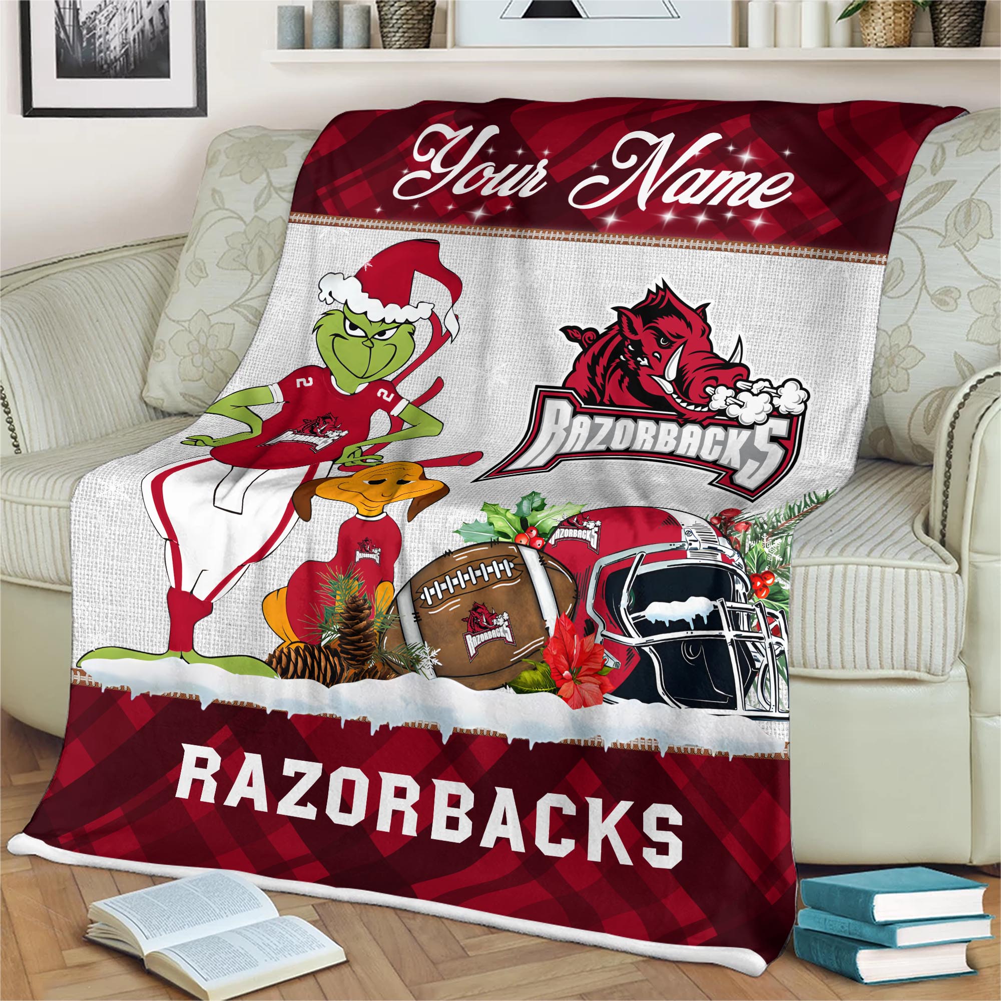 Sportswearmerch Arkansas Razorbacks NCAA x Grinch Christmas Fleece Blanket For Fan