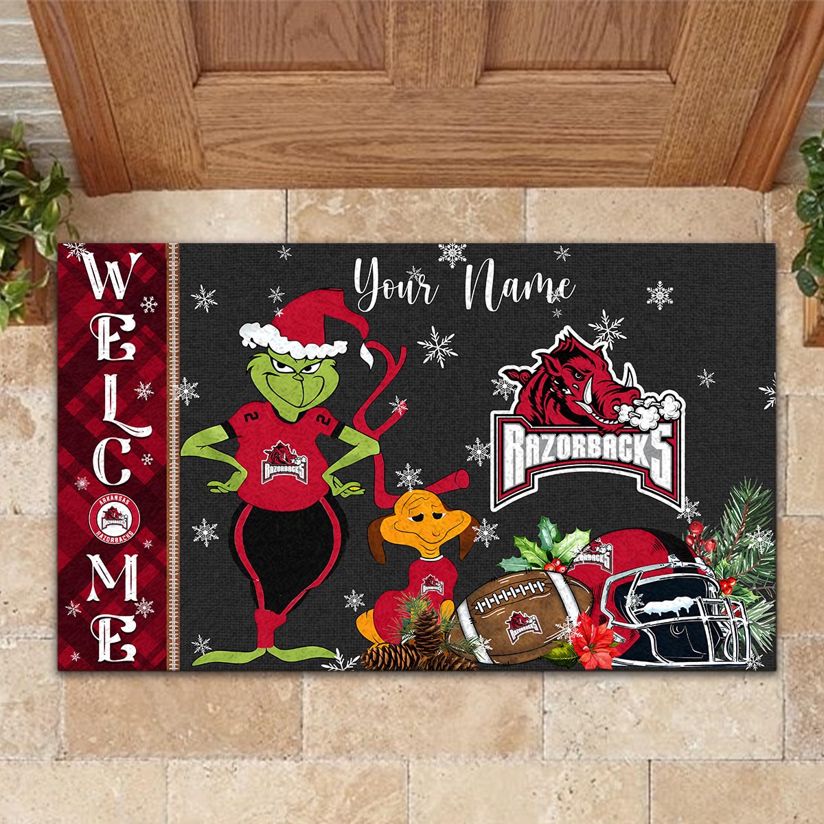 Sportswearmerch Arkansas Razorbacks NCAA x Grinch Christmas Welcome Football Doormat For Fan
