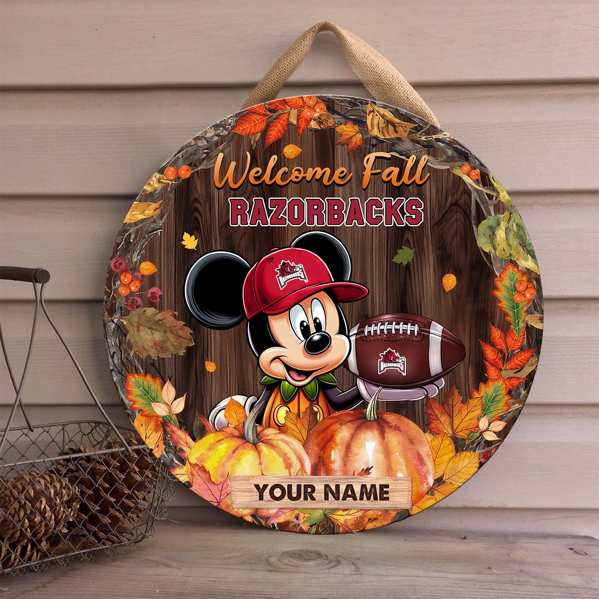 Sportswearmerch Arkansas Razorbacks NCAA x Mickey Round Wooden Sign For Fan