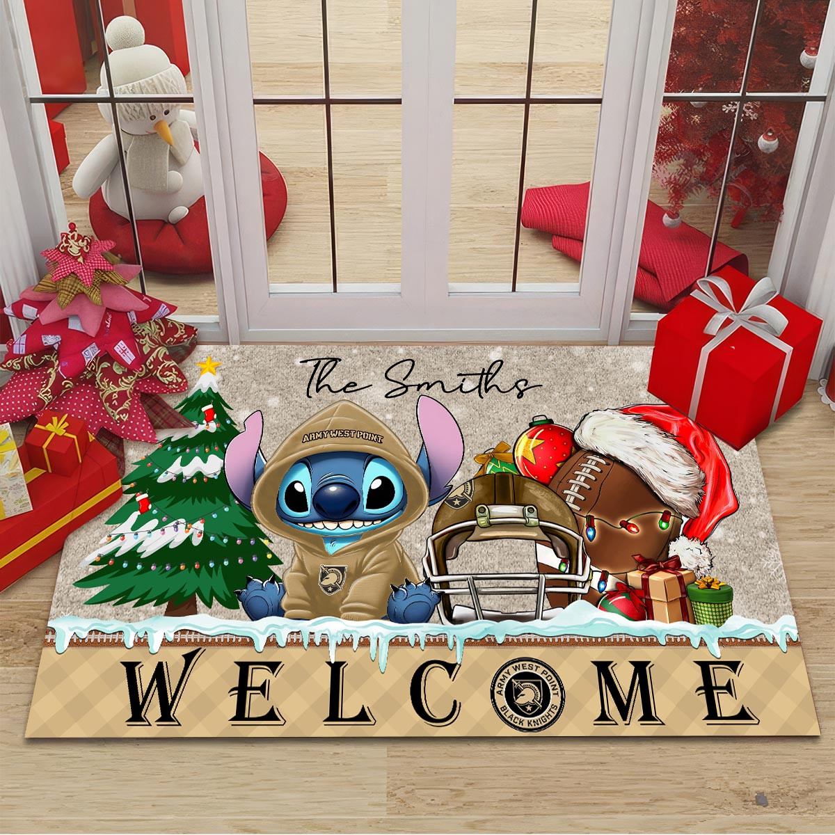 Sportswearmerch Army Black Knights NCAA x Cute Stitch Christmas Doormat For Fan