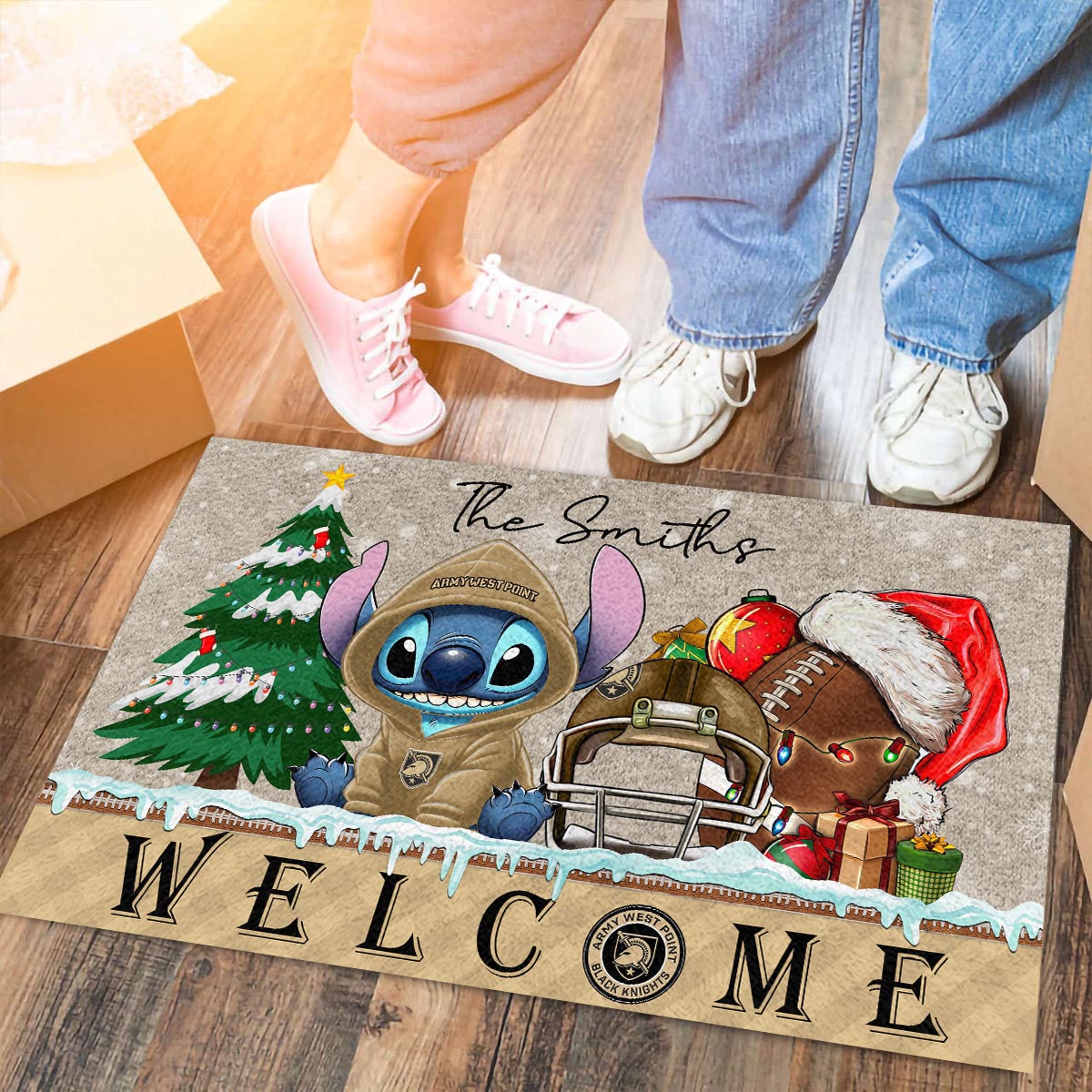 Sportswearmerch Army Black Knights NCAA x Cute Stitch Christmas Doormat For Fan