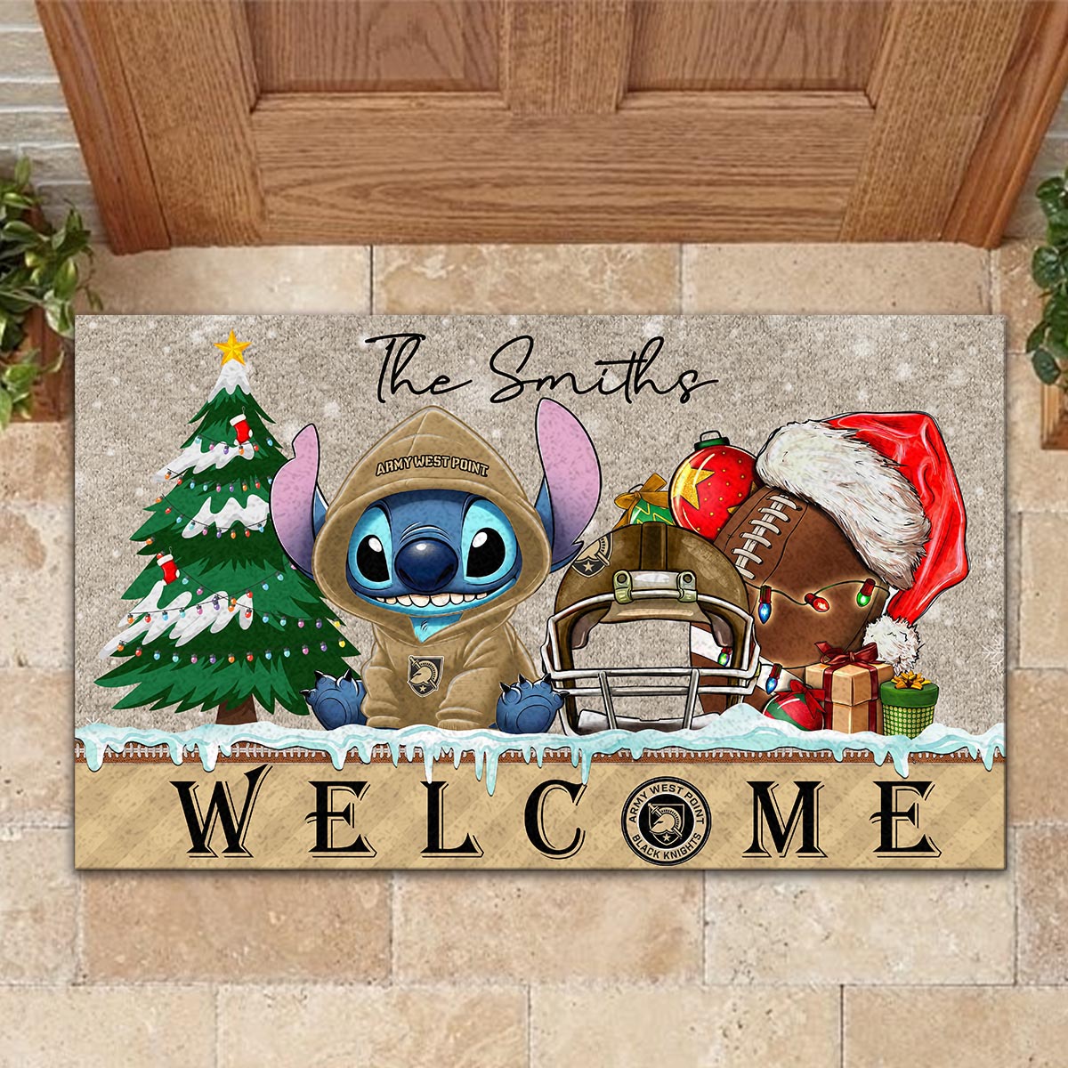 Sportswearmerch Army Black Knights NCAA x Cute Stitch Christmas Doormat For Fan
