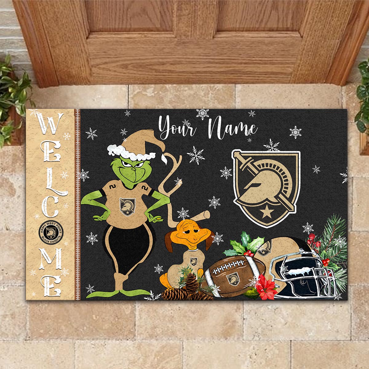 Sportswearmerch Army Black Knights NCAA x Grinch Christmas Welcome Football Doormat For Fan