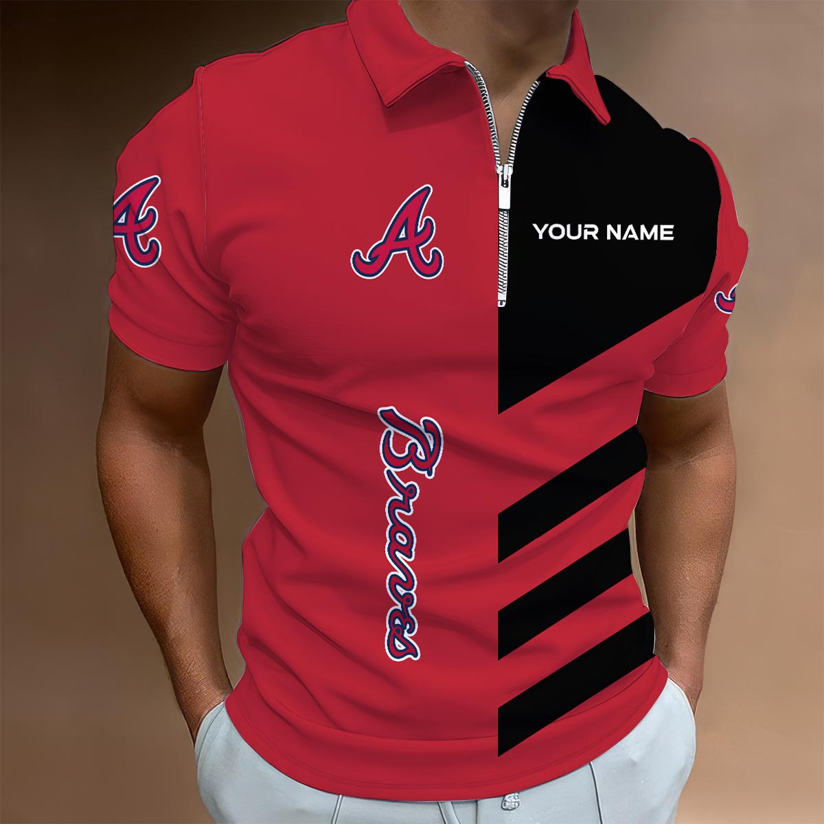 Sportswearmerch Atlanta Braves MLB Lapel Zip Polo Shirt For Fan