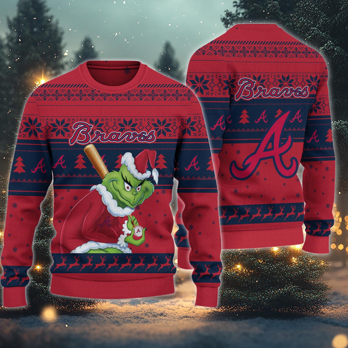 Sportswearmerch Atlanta Braves MLB x Grinch Christmas Ugly Sweater For Fans