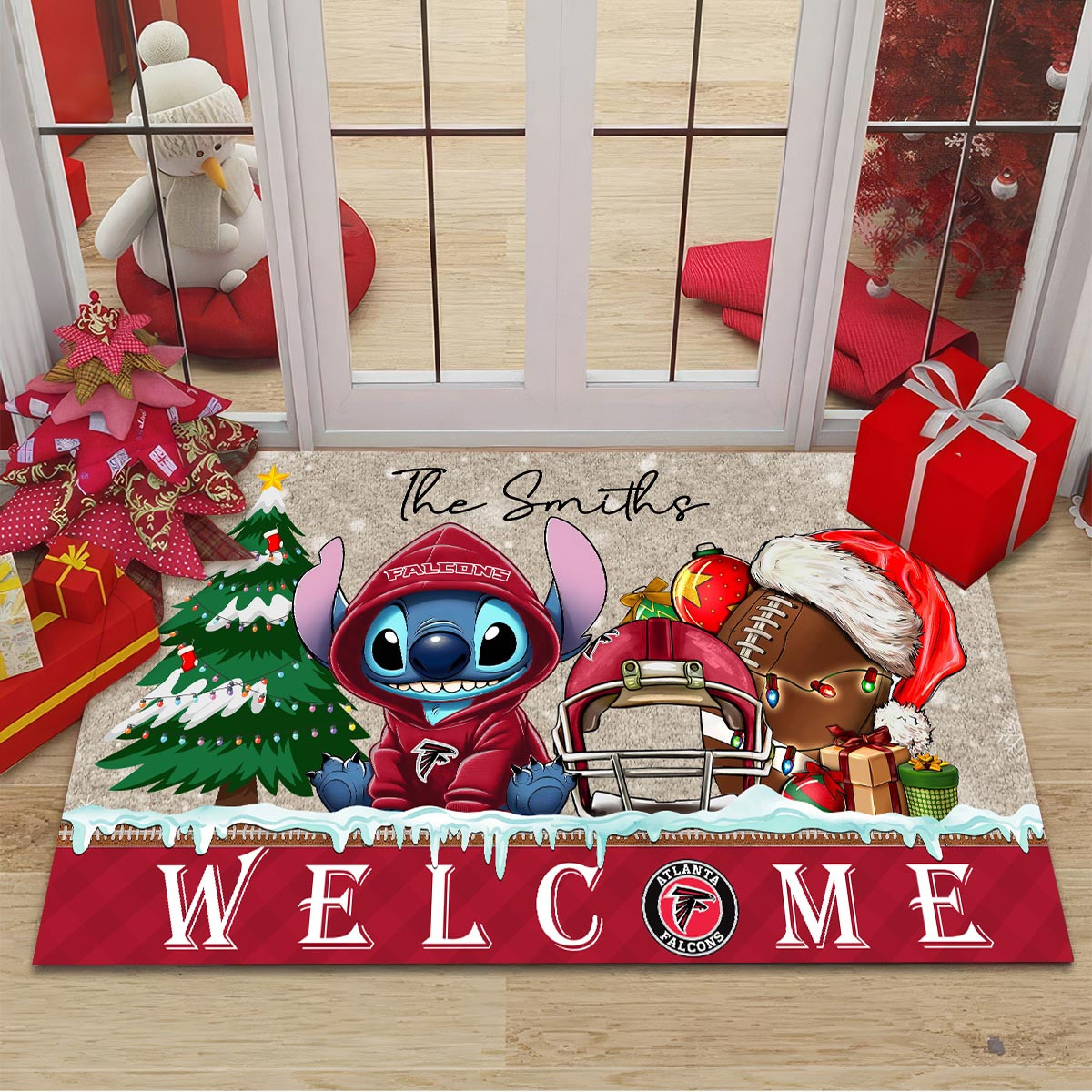 Sportswearmerch Atlanta Falcons NFL x Cute Stitch Christmas Doormat For Fan