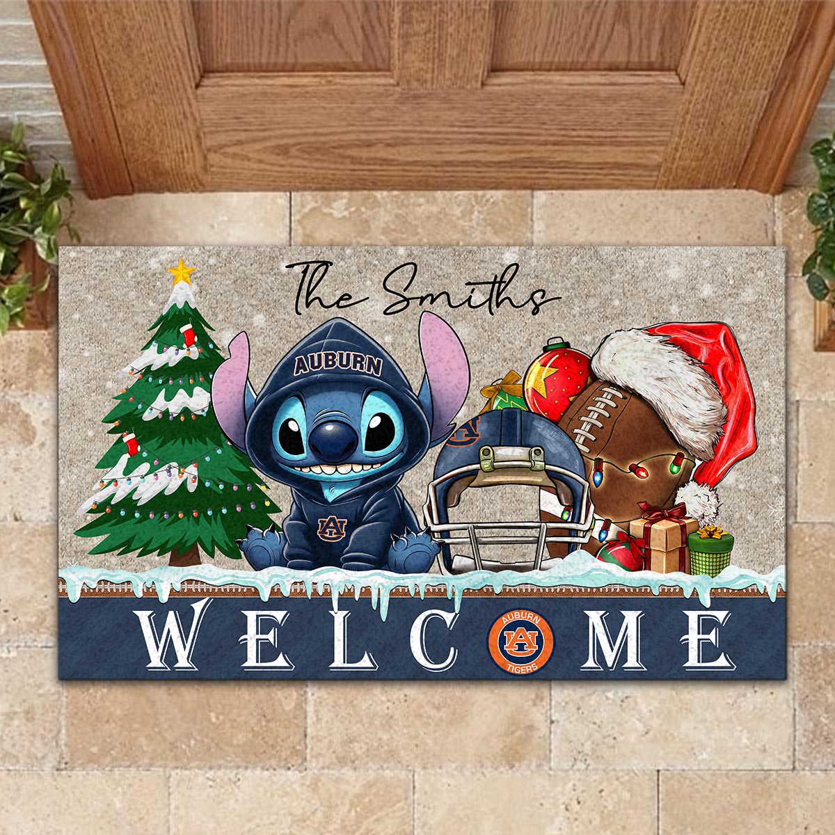 Sportswearmerch Auburn Tigers NCAA x Cute Stitch Christmas Doormat For Fan