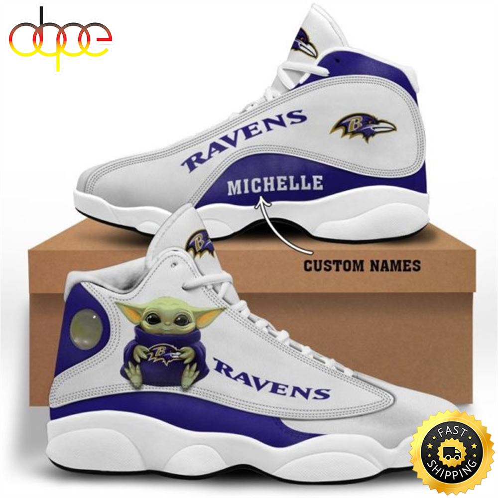 Sportswearmerch Baby Yoda Hug Baltimore Ravens NFL AJ13 Sneakers Shoes For Men And Women