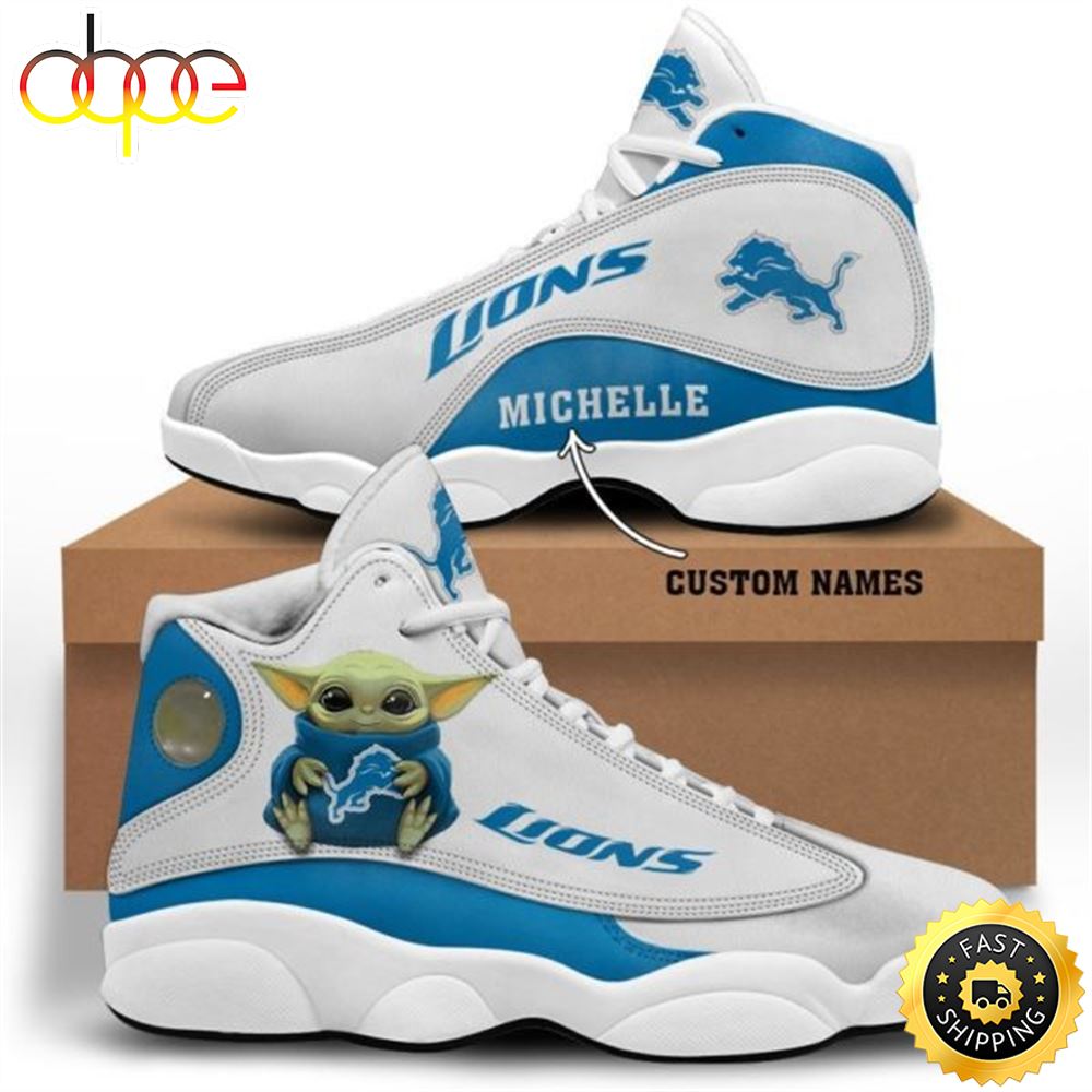Sportswearmerch Baby Yoda Hug Detroit Lions NFL AJ13 Sneakers Shoes For Men And Women