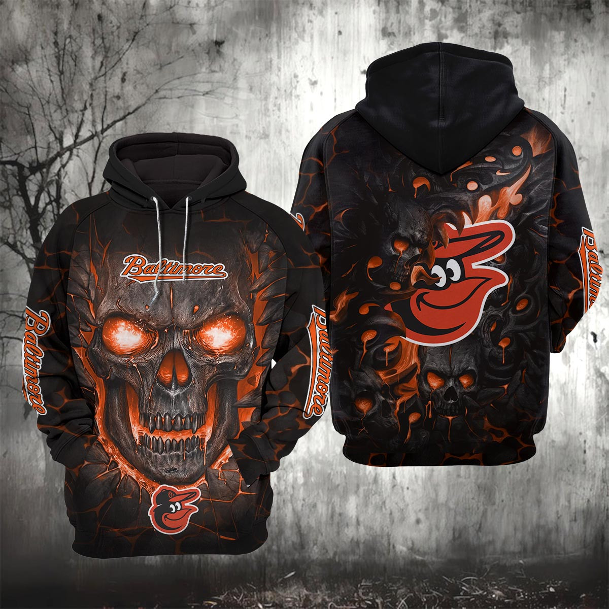 Sportswearmerch Baltimore Orioles MLB Lava Skull Hoodie For Fan