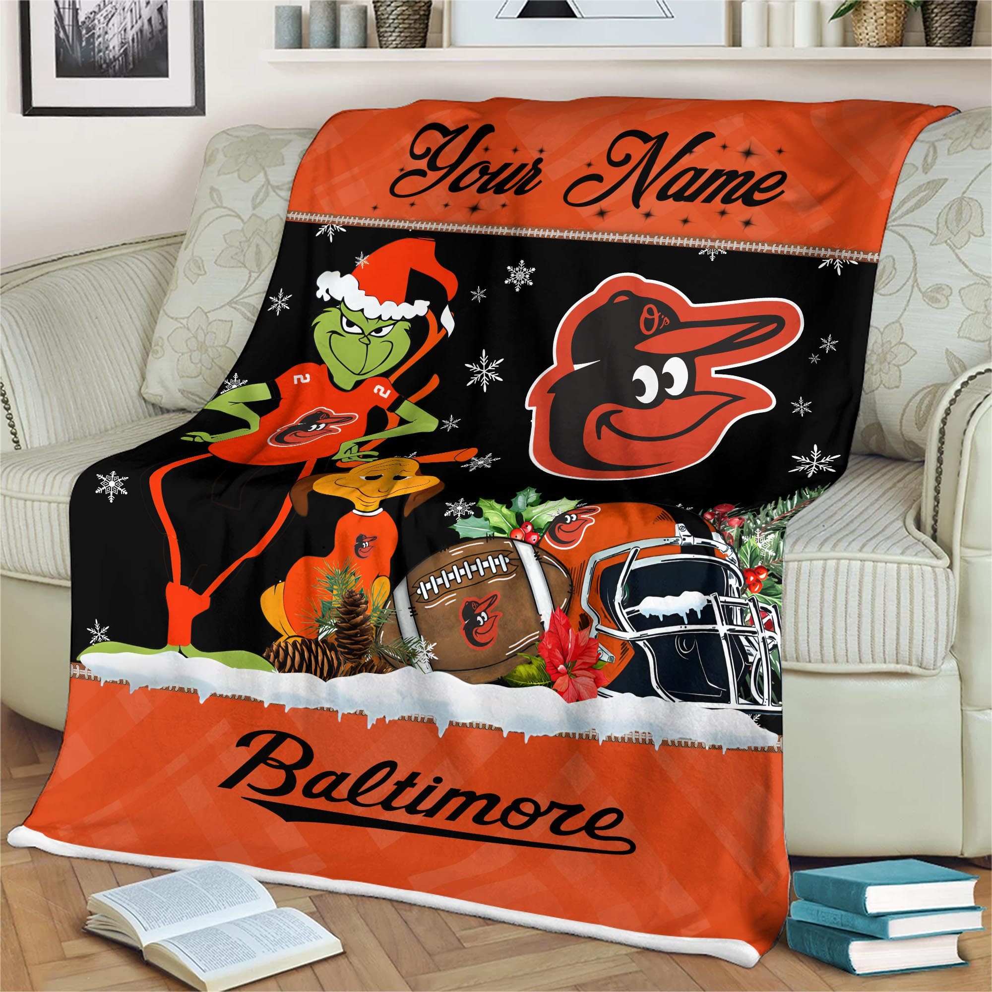 Sportswearmerch Baltimore Orioles MLB x Grinch Christmas Fleece Blanket For Fan