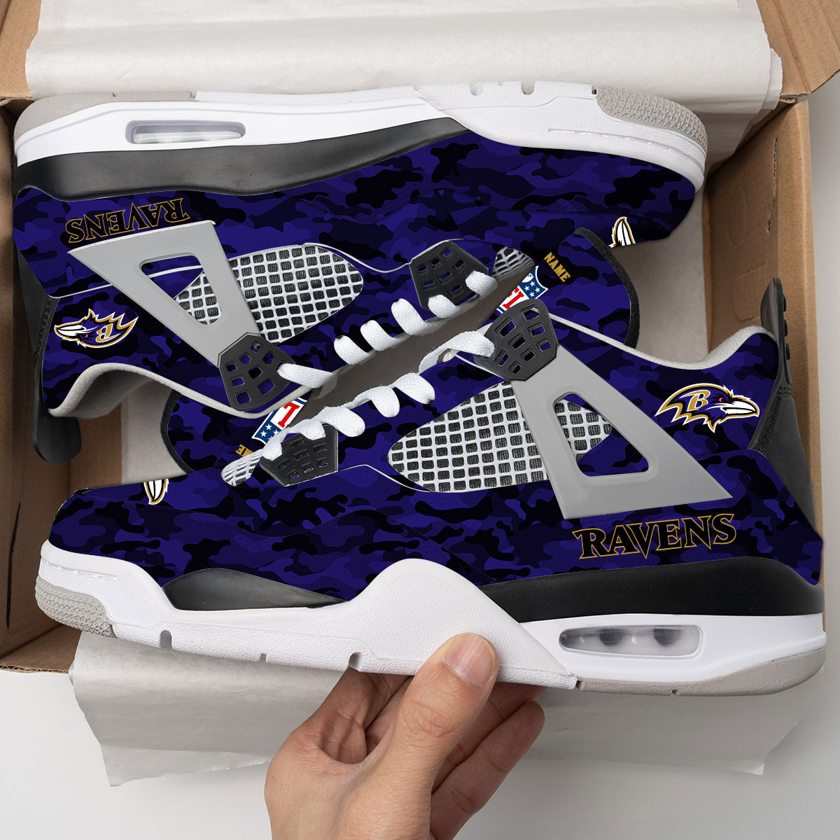 Sportswearmerch Baltimore Ravens NFL Camo Air Jordan 4 SneakerAJ4 Sneakers Shoes For Men And Women