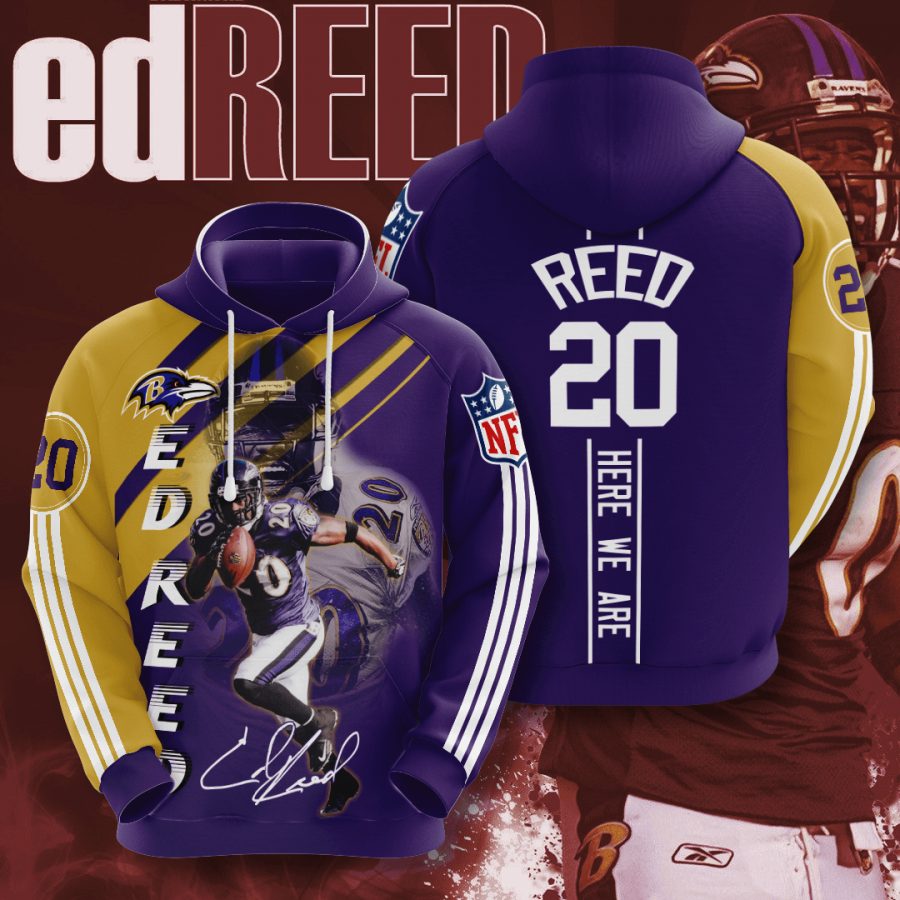 Sportswearmerch Baltimore Ravens NFL Ed Reed Purple Metallic Gold Personalized Hoodie For Fan