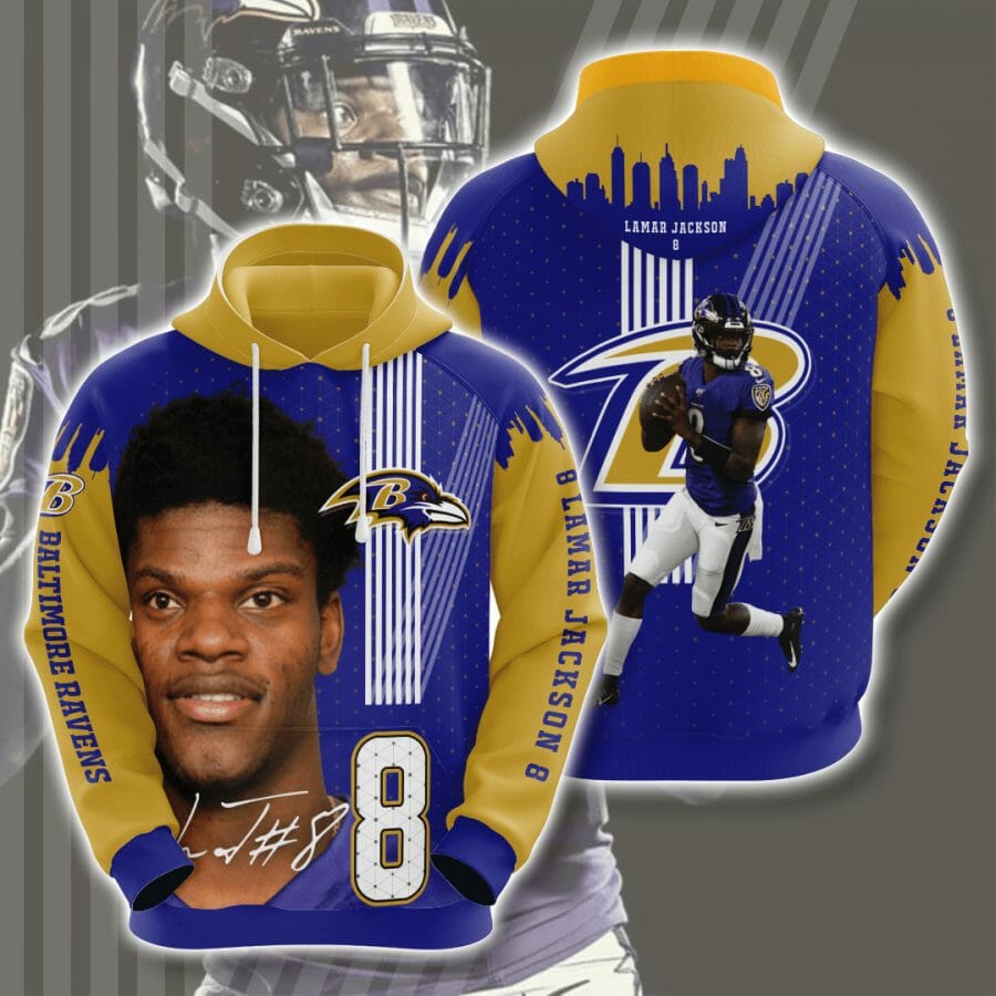 Sportswearmerch Baltimore Ravens NFL Lamar Jackson Purple Gold Personalized Hoodie For Fan