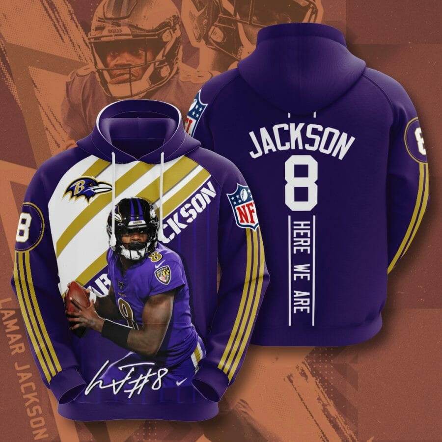 Sportswearmerch Baltimore Ravens NFL Lamar Jackson Purple Metallic Gold Stripes Personalized Hoodie For Fan