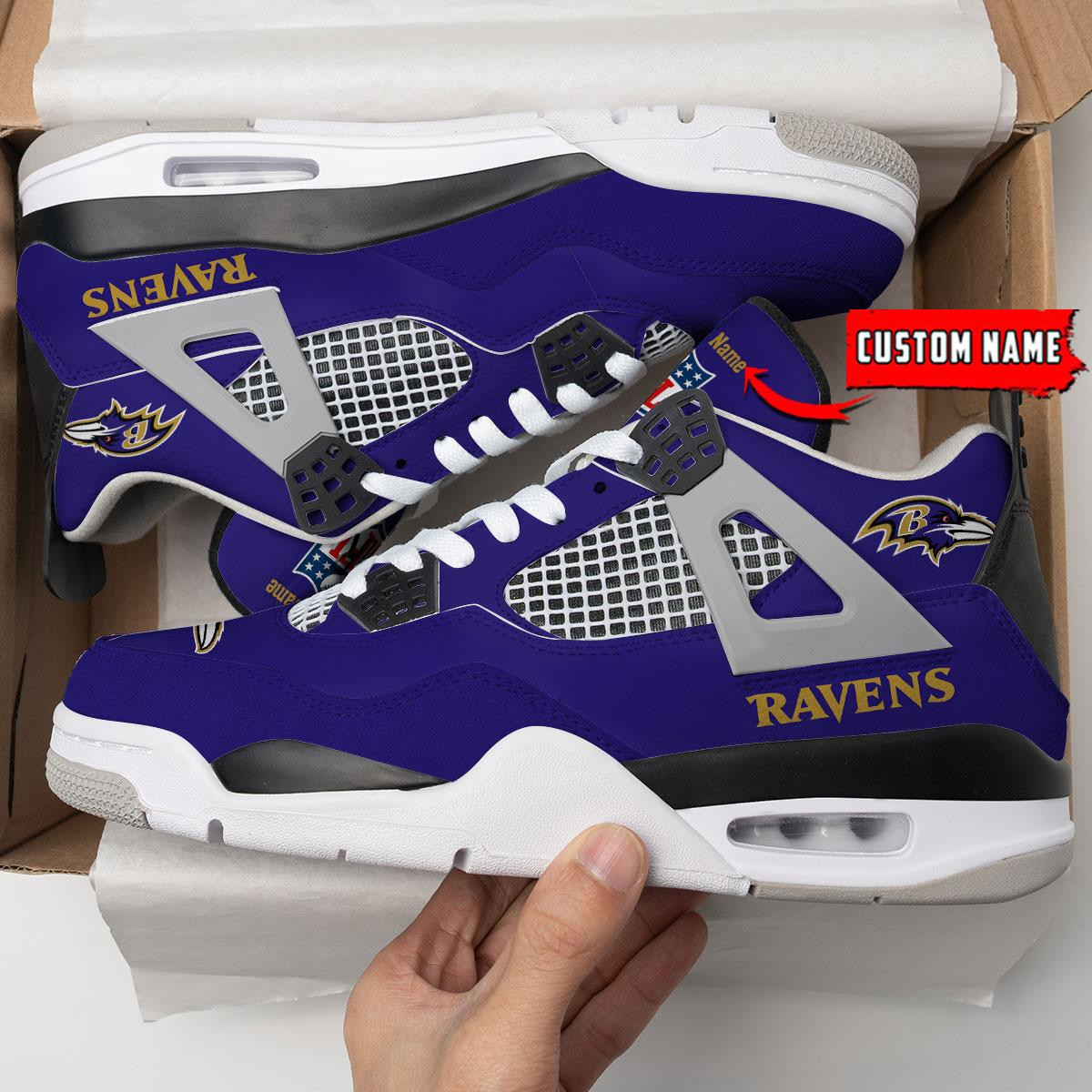 Sportswearmerch Baltimore Ravens NFL Personalized Air Jordan 4 AJ4 Sneakers Shoes For Men And Women