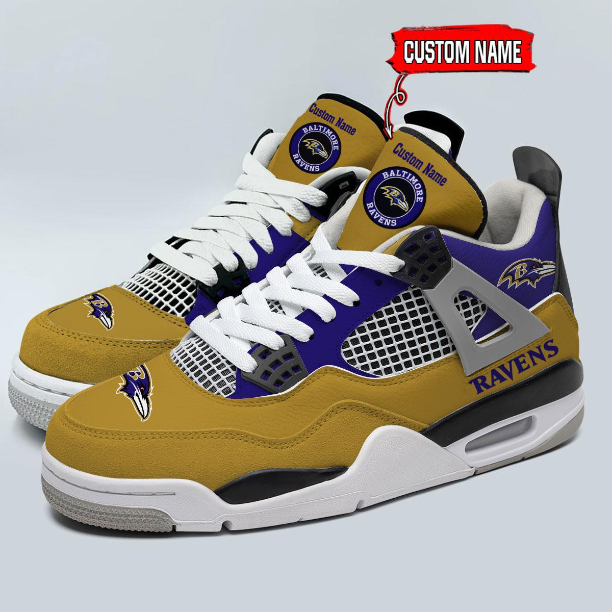 Sportswearmerch Baltimore Ravens NFL Personalized AJ4 Sneakers Shoes For Men And Women