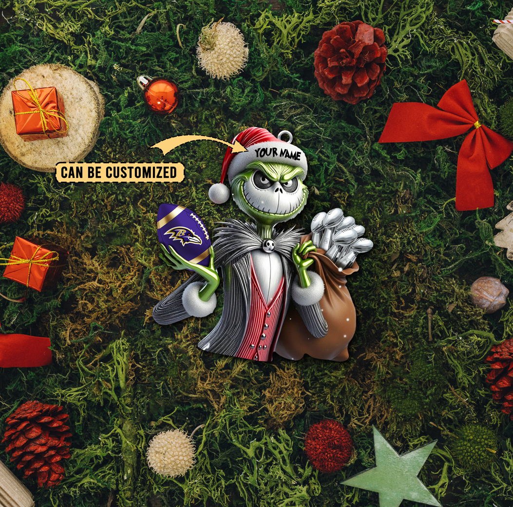 Sportswearmerch Baltimore Ravens NFL The Grinch x Jack x Christmas Acrylic Ornament Gift For Fan