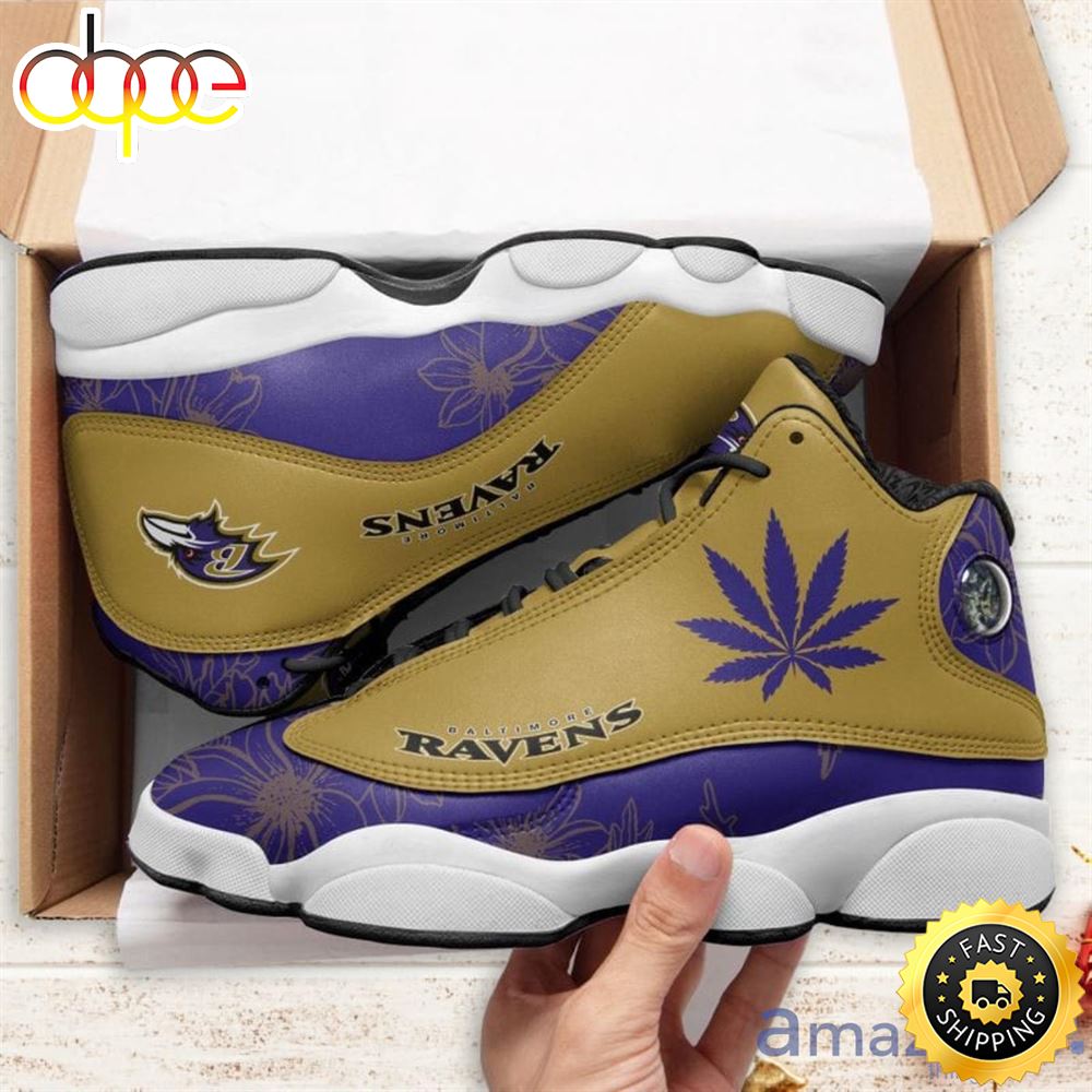 Sportswearmerch Baltimore Ravens NFL Weed Pattern AJ13 Sneakers Shoes For Men And Women