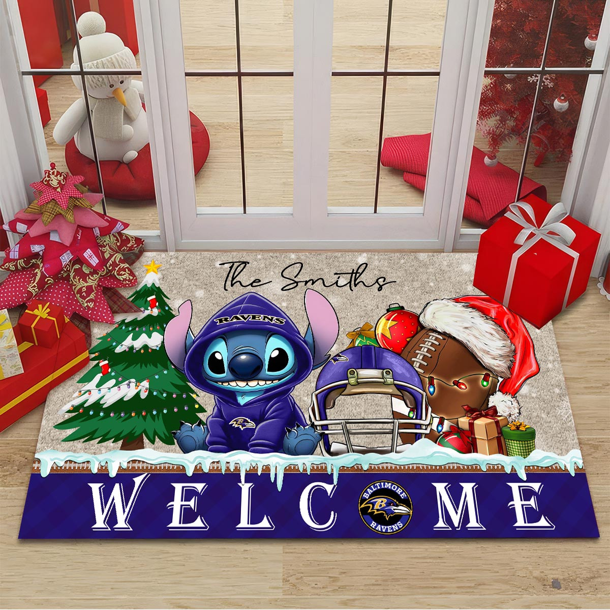 Sportswearmerch Baltimore Ravens NFL x Cute Stitch Christmas Doormat For Fan
