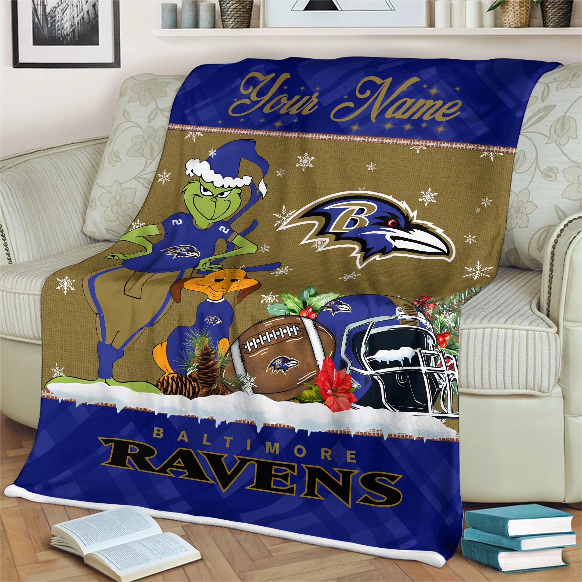 Sportswearmerch Baltimore Ravens NFL x Grinch Christmas Fleece Blanket For Fan