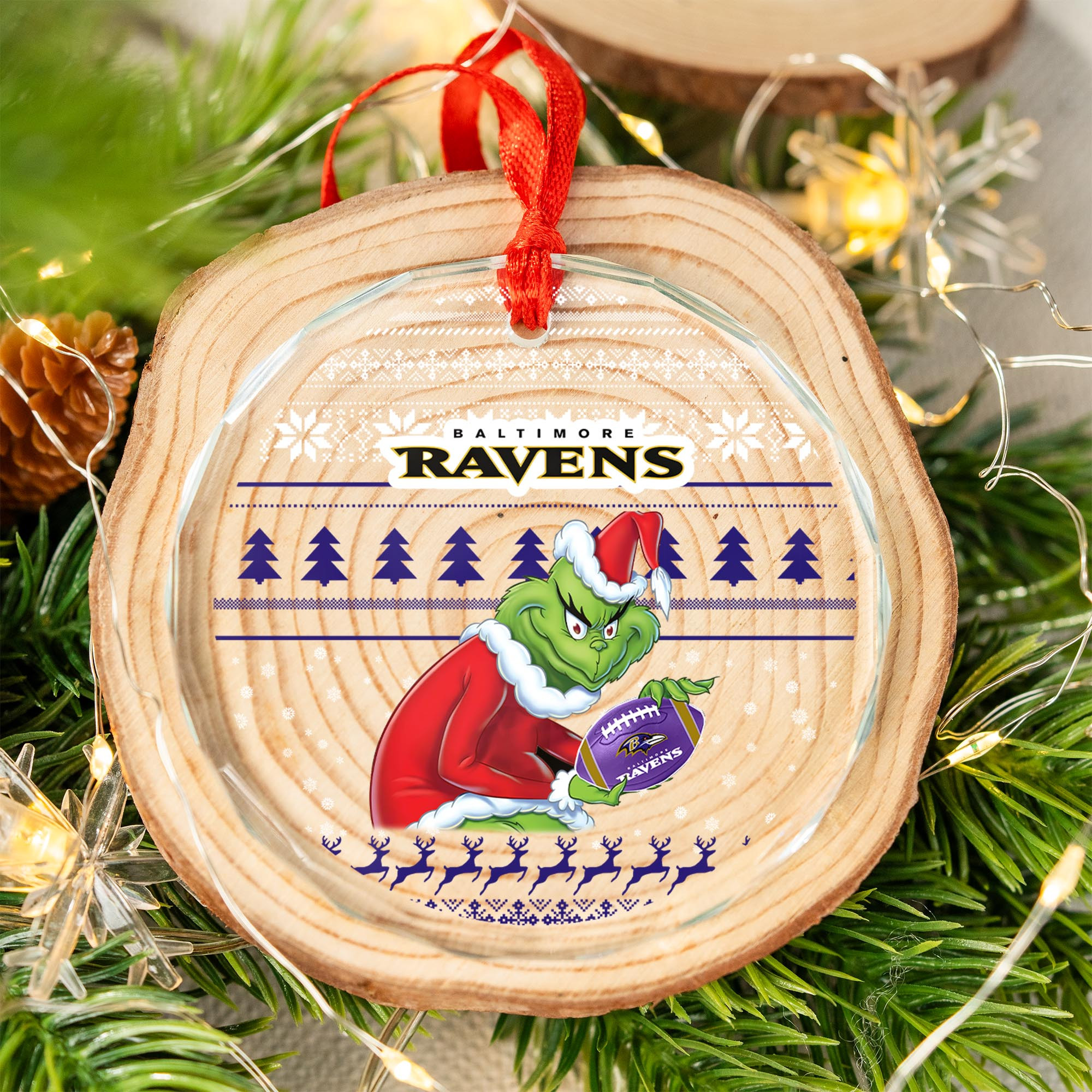 Sportswearmerch Baltimore Ravens NFL x Grinch Christmas Glass Ornament For Fans
