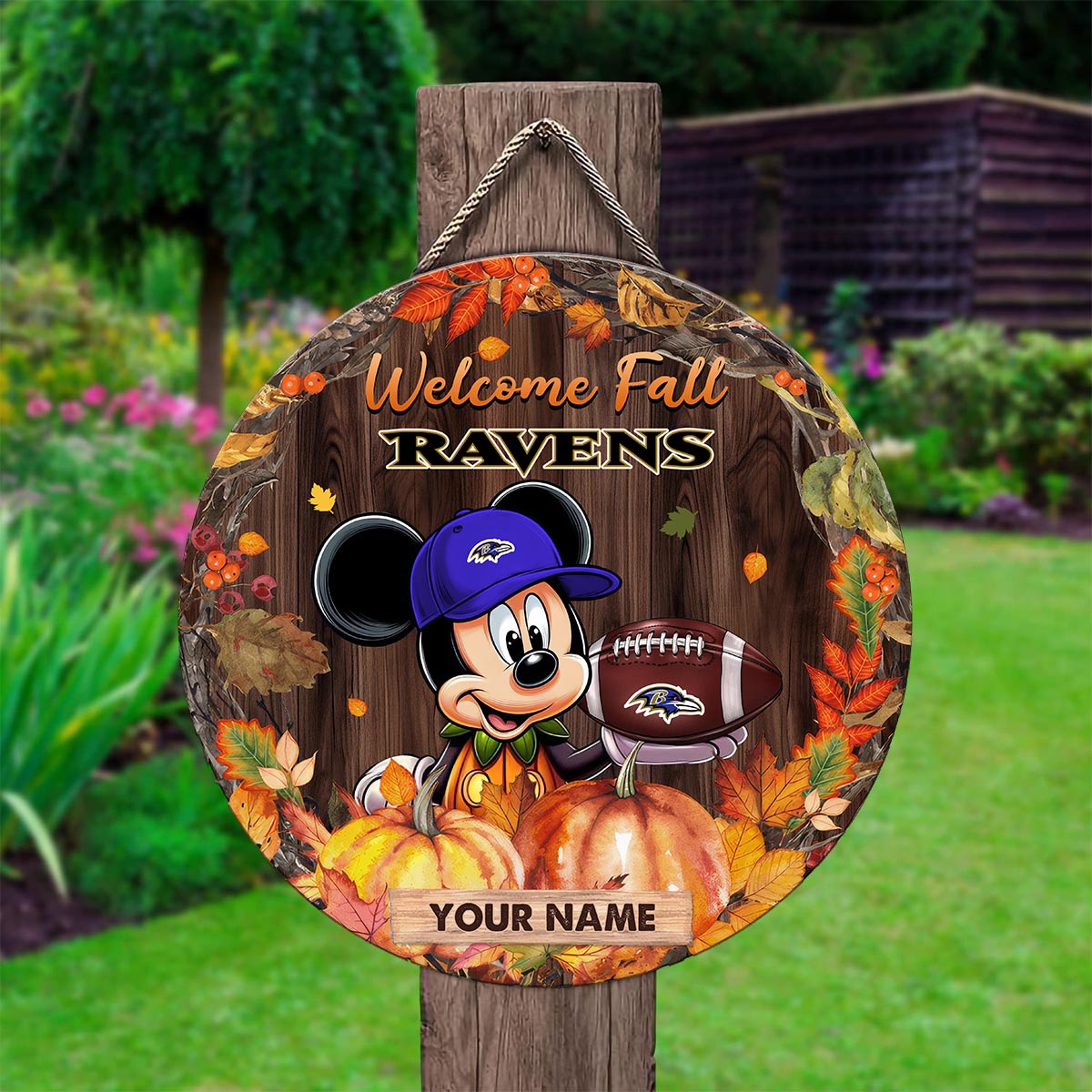 Sportswearmerch Baltimore Ravens NFL x Mickey Round Wooden Sign For Fan