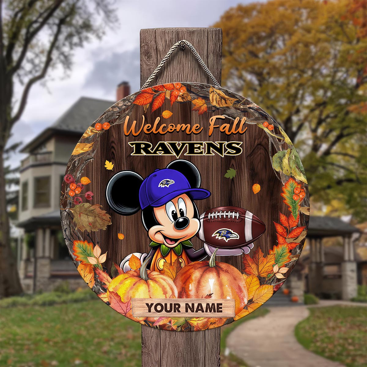 Sportswearmerch Baltimore Ravens NFL x Mickey Round Wooden Sign For Fan