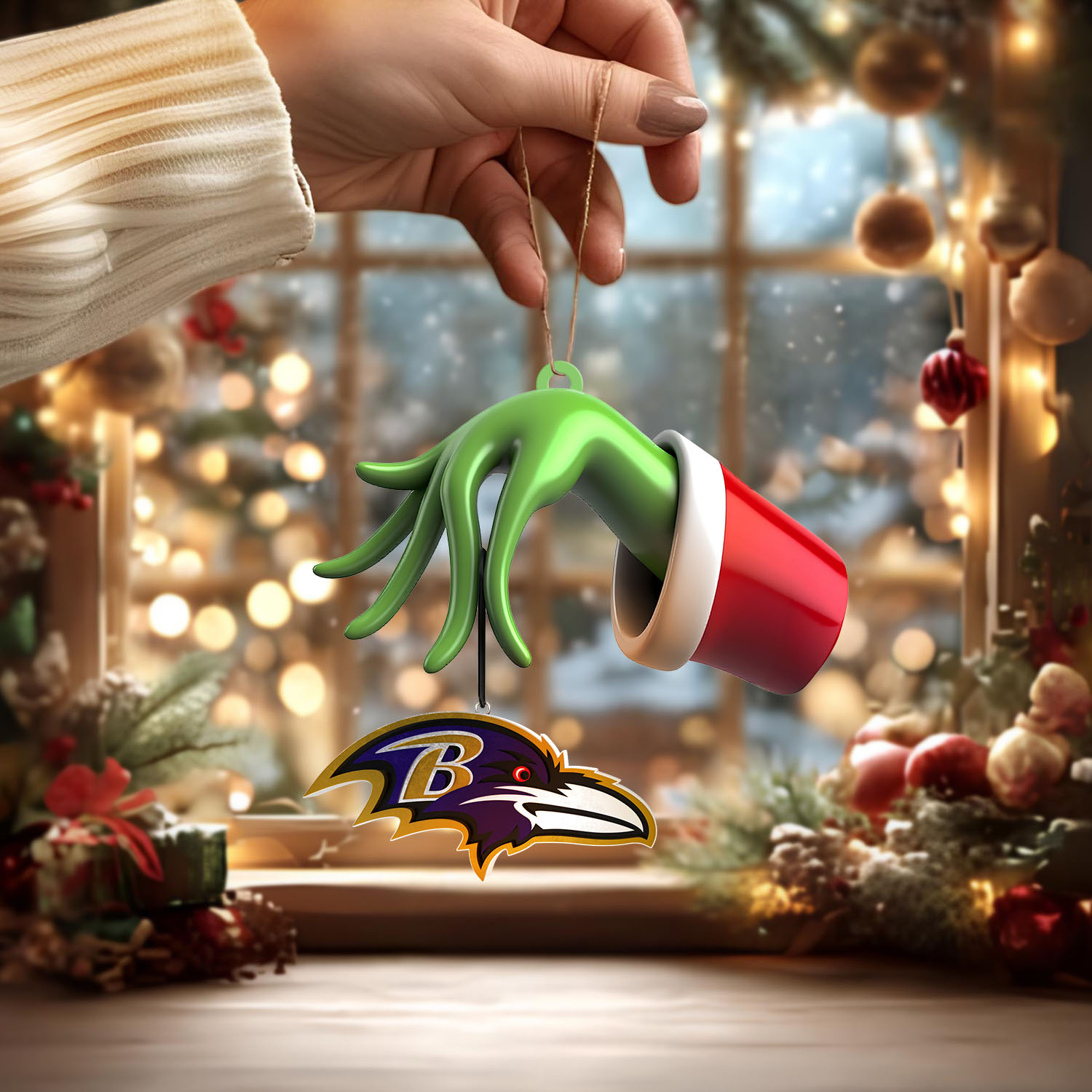 Sportswearmerch Baltimore Ravens NFL x The Grinch Christmas Acrylic Mix Wooden Ornament Gift For Fans