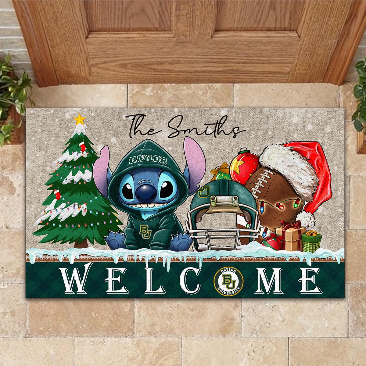 Sportswearmerch Baylor Bears NCAA x Cute Stitch Christmas Doormat For Fan