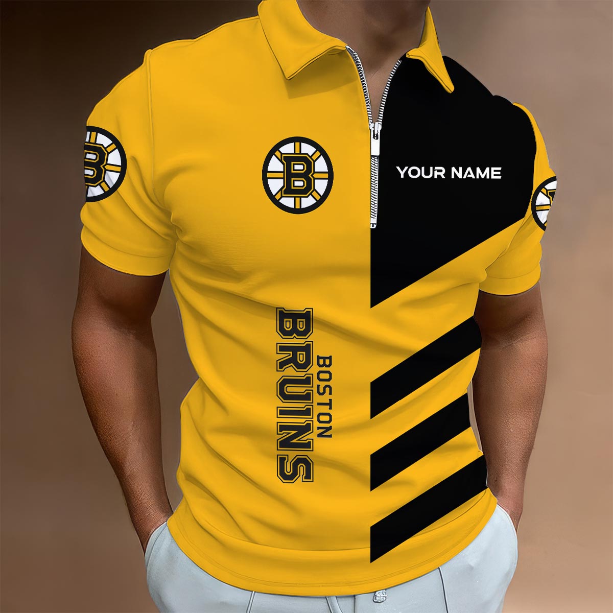 Sportswearmerch Boston Bruins NHL Lapel Zip Polo Shirt For Fan