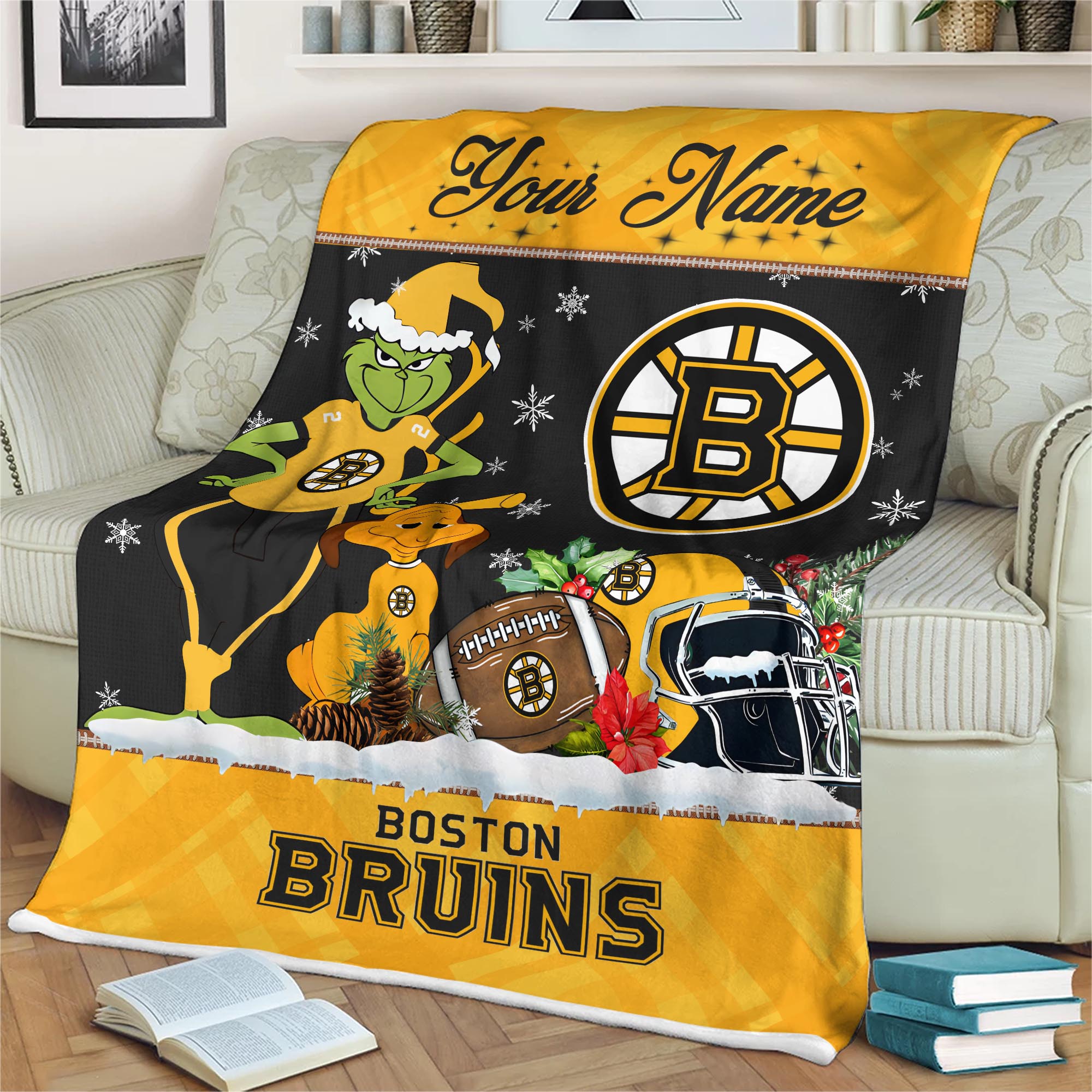 Sportswearmerch Boston Bruins NHL x Grinch Christmas Fleece Blanket For Fan
