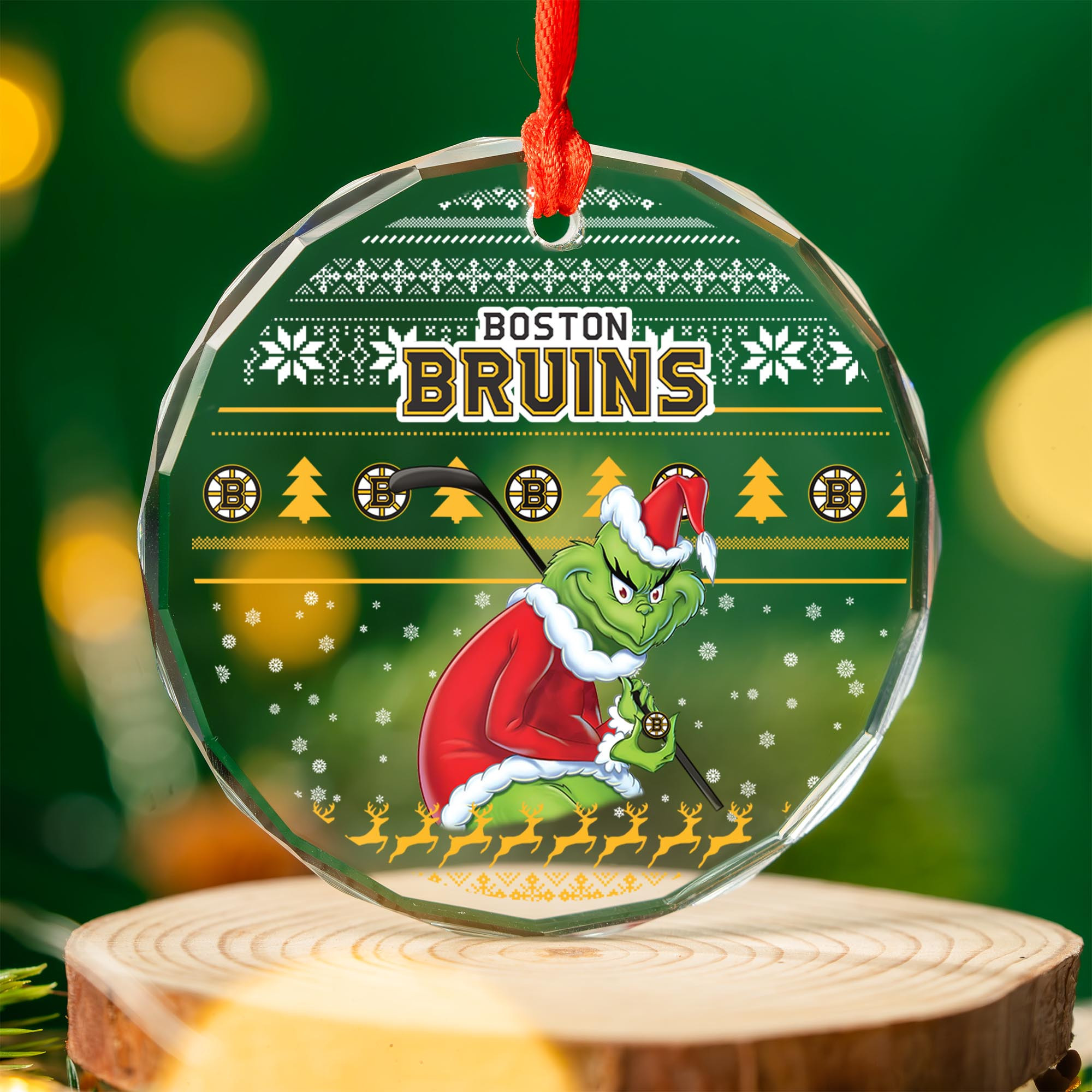 Sportswearmerch Boston Bruins NHL x Grinch Christmas Glass Ornament For Fans
