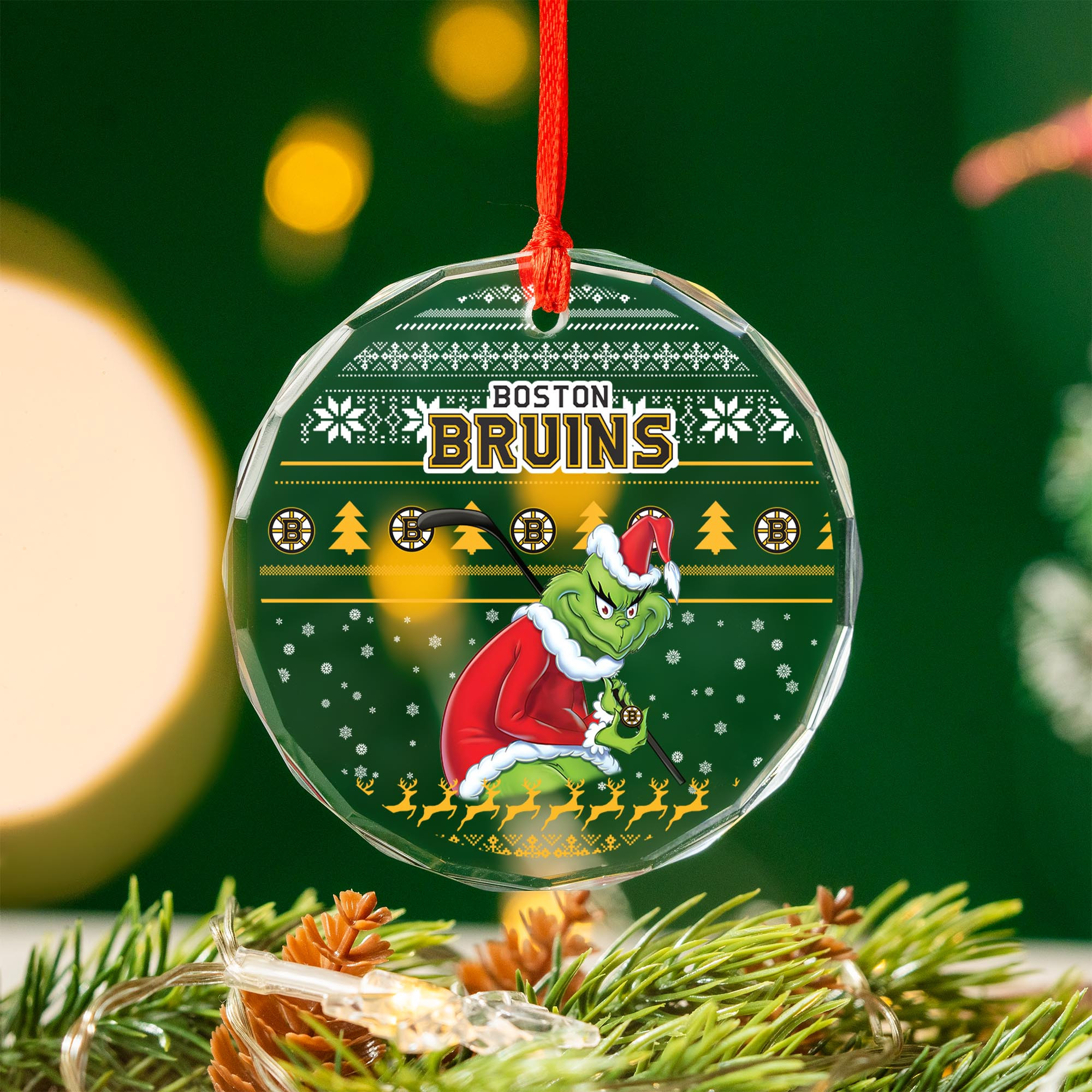 Sportswearmerch Boston Bruins NHL x Grinch Christmas Glass Ornament For Fans